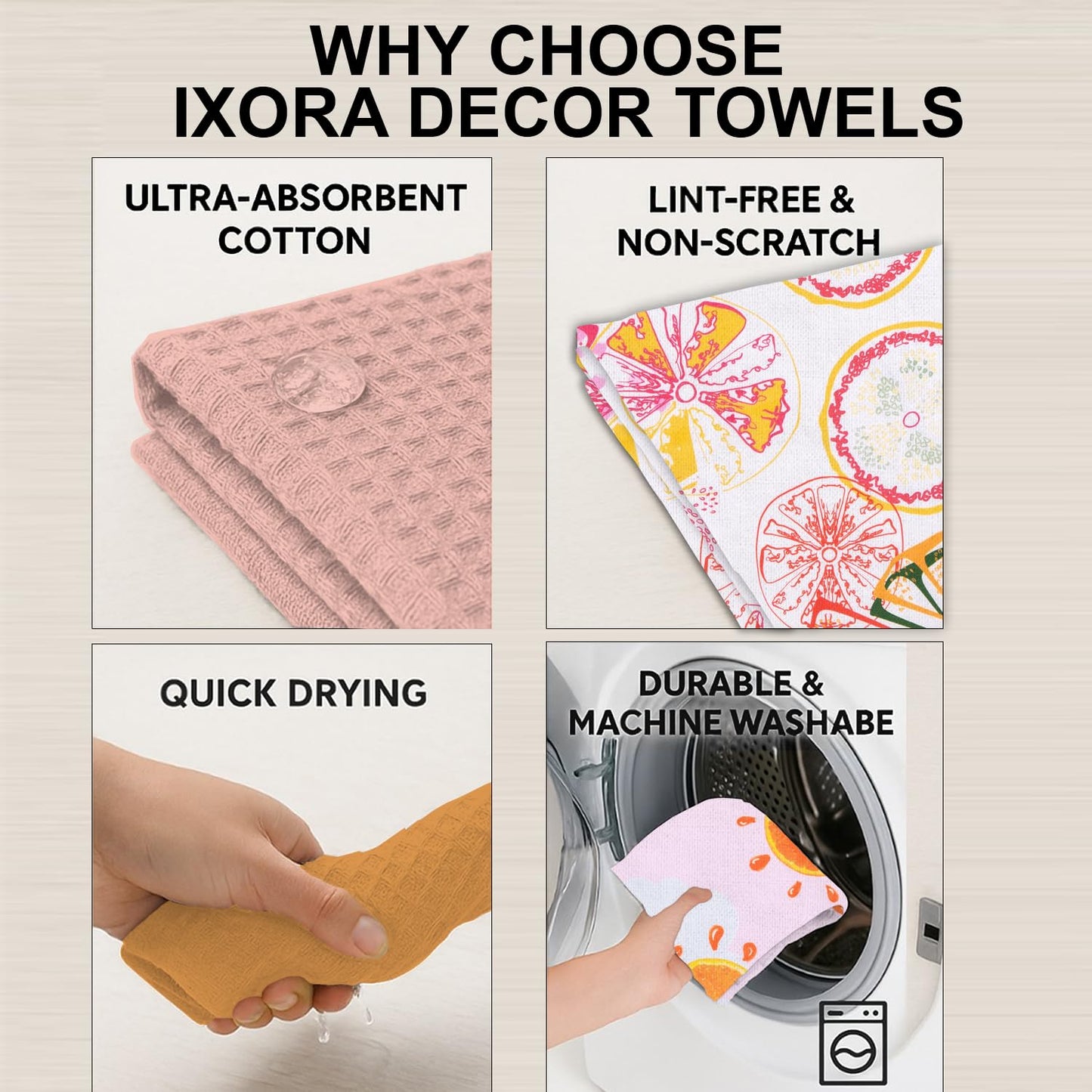 IXORA DECOR 100% Cotton Kitchen Towels Set of 4 | 2 Solid Dyed Waffle Weave Dishcloths & Citrus Digital Kitchen & Table Linen Cloth | Super Absorbent Napkins | 50 x 70 Inches - Pastels