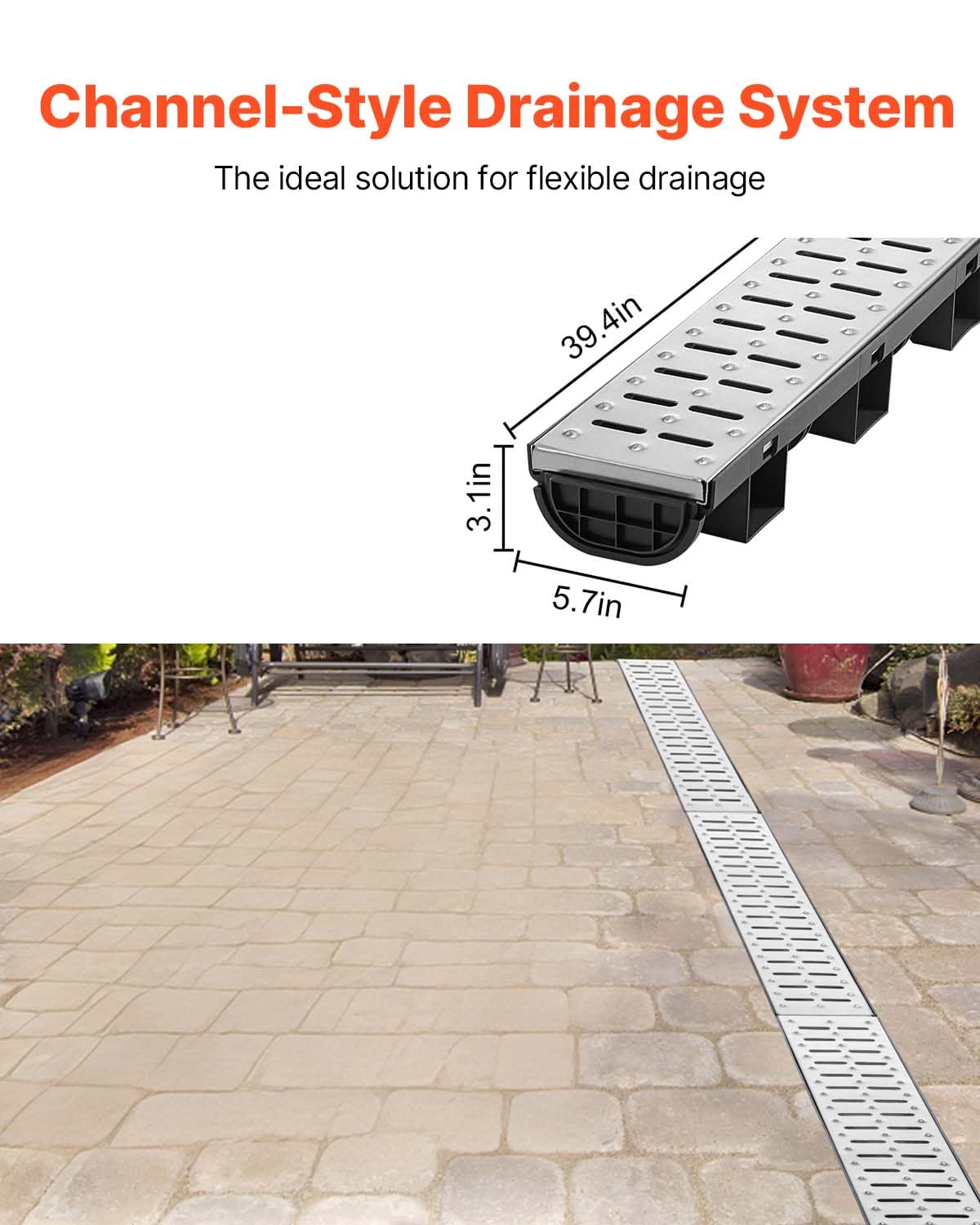VEVOR Trench Drain System 5 Pack, Channel Drain with Metal Grate 5.7 x 3.1 in HDPE Drainage Trench, Black Plastic Garage Floor Waterway 5 x 39 in with 5 End Caps for Garden Driveway