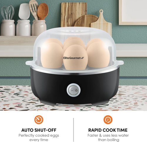 Elite Gourmet Easy Egg Cooker - Electric 7-Egg Capacity for Soft, Medium, Hard-Boiled Eggs | BPA Free, Classic Black