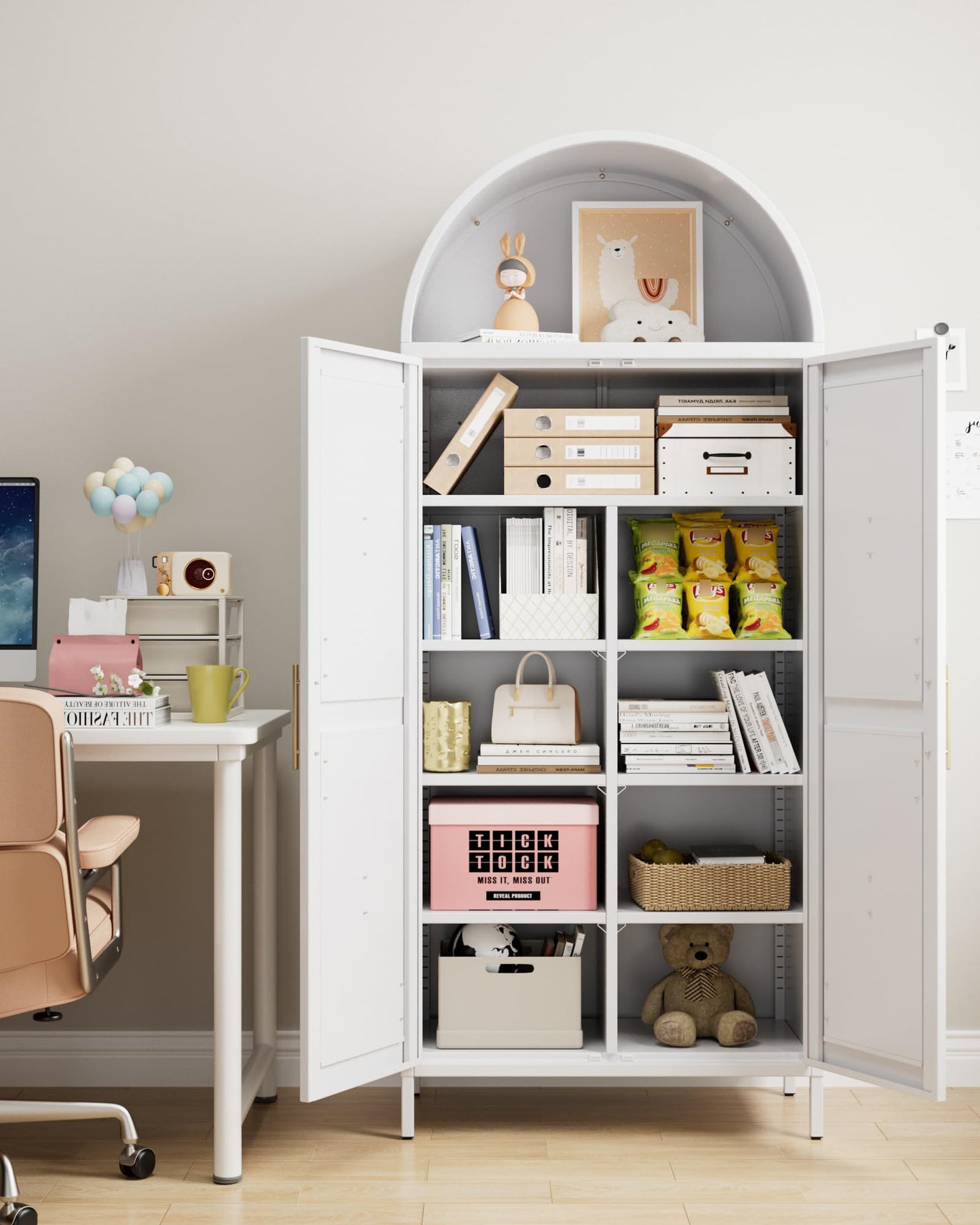 JAORD Arched Kitchen Pantry Cabinet with 6 Adjustable Shelves, Metal White Arched Cabinet with 2 Doors for Kitchen,Living Room, Assemble Required,15.4" D x 30.7" W x 72.8" H