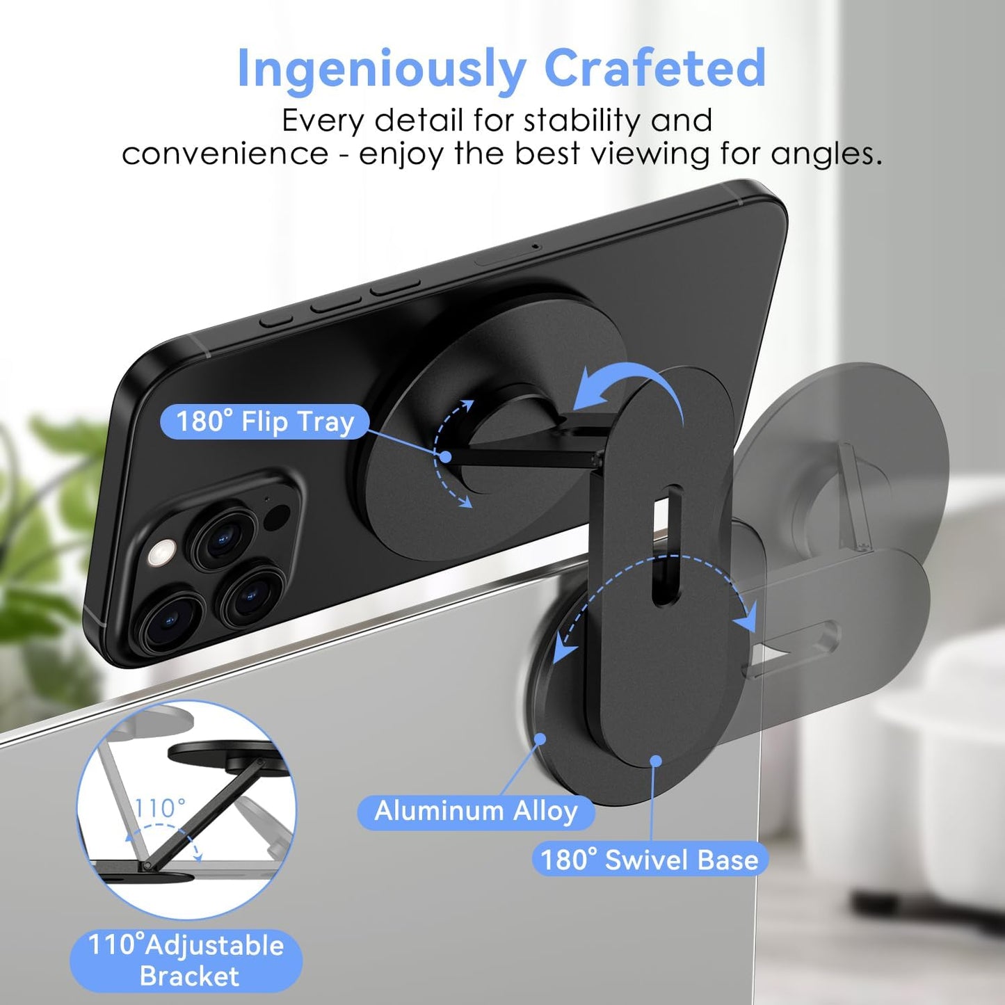 CloudValley 360 Magnetic Laptop Phone Holder, Rotating Mount Compatible with iPhone MagSafe and All Phones, MacBook, PC