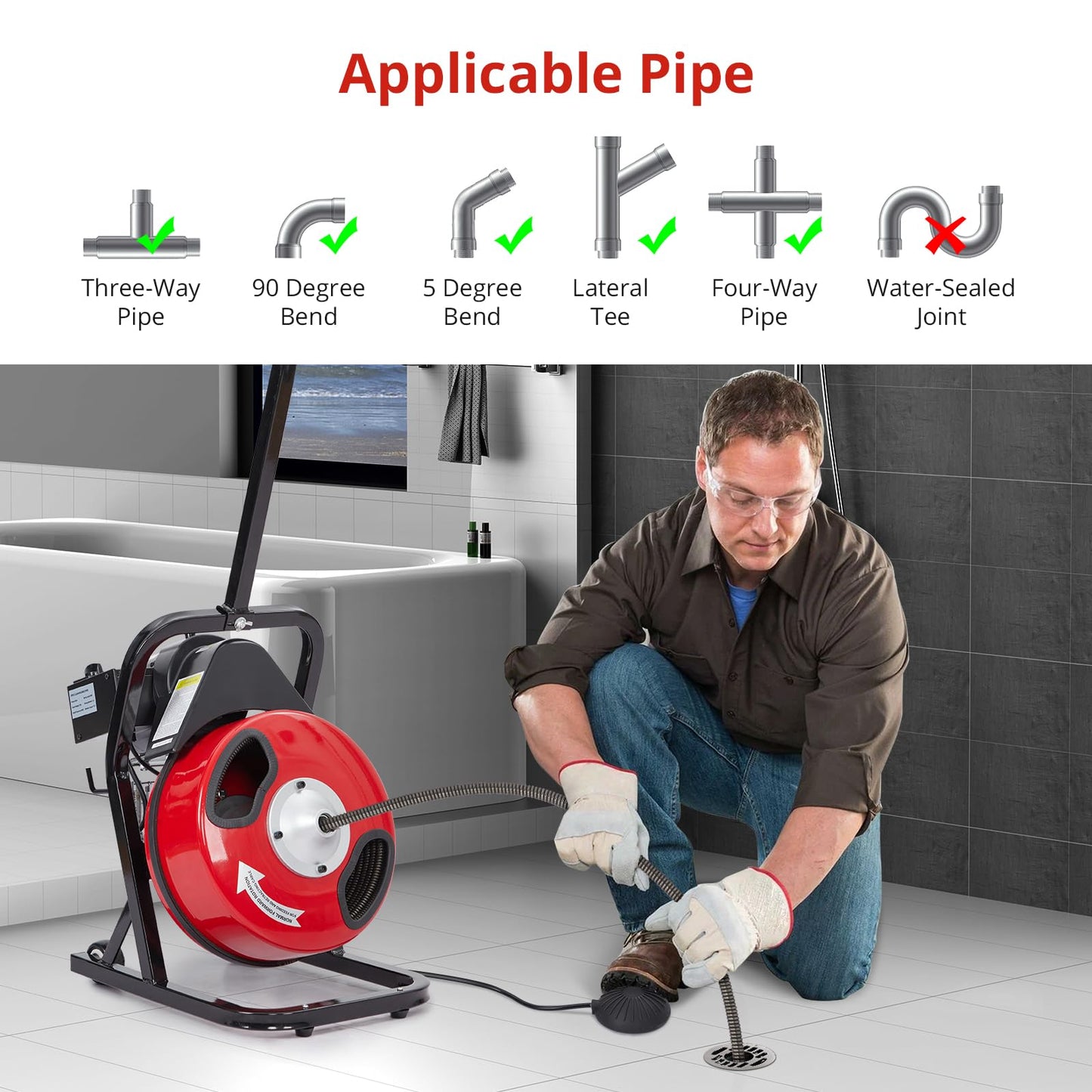 50FT x 1/2Inch Electric Drain Cleaning Machin, Auto Feed Portable Sewer Snake, Semi-Enclosed Drum, Sewer Snake Electric Drain Auger Cleaner with 4 Cutters & Air-Foot Switch for 1"-4" Pipes