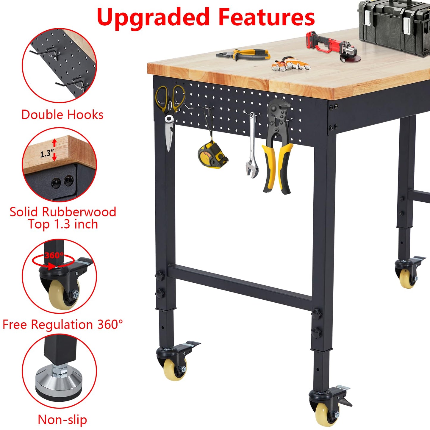 Garvee 72 x 25 Inch Adjustable Workbench, Heavy-Duty Workbench with a 2000 lb Load Capacity, Metal Frame with Power Outlets & Casters, Rubberwood Top Workbench for Workshops, Garages