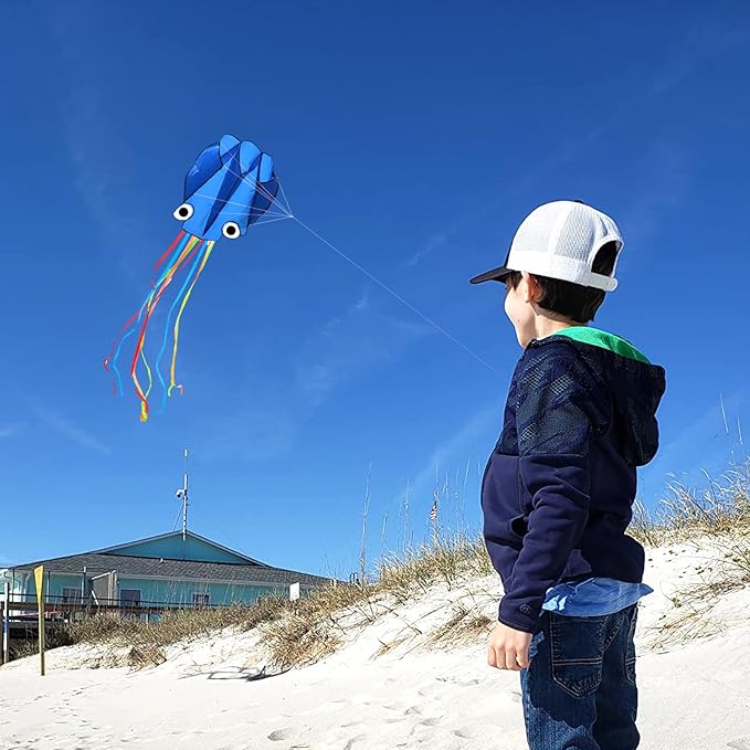 Octopus Kites for Kids & Adults Easy to Fly, 24”x 158” Large Soft Kite Kit for Boys and Girls, Single Line 3D Beach Kite Set for Teens,Perfect for Outdoor Activities