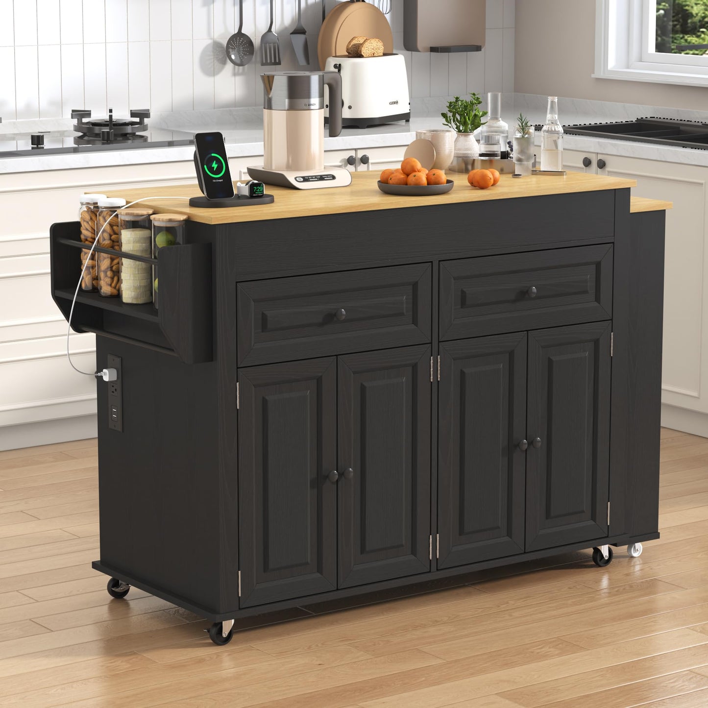 80"-48" Extendable Kitchen Island with Extended Dining Table and Power Outlet,Large Mobile Kitchen Storage Islands with 2 Storage Drawers,Rolling Islands Cart with 3 Extra Rows Open Shelves(Black)
