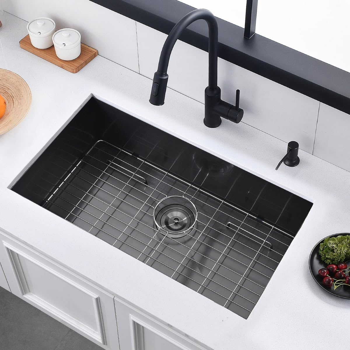 30 Black Stainless Steel Undermount Kitchen Sink, Luckyhorse 30" x 17" x 9" 18 Gauge Gunmetal Black Stainless Steel Undermount Kitchen Sink LH025SQ
