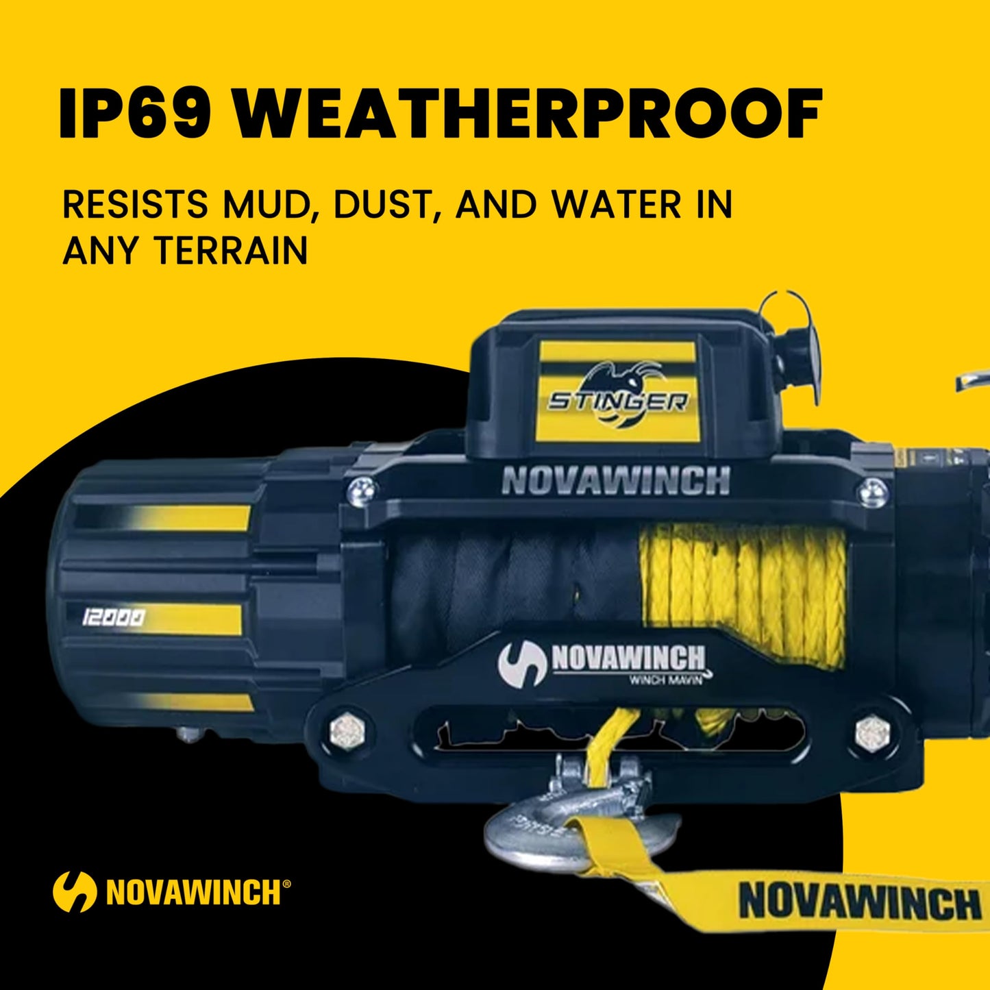 Novawinch Stinger 12000 lbs Electric Winch 12V - 12000 lb Synthetic Rope Motor Winch for Offroad, Truck, SUV, Trailer, Boat, ATV - Heavy Duty Vehicle Recovery System with 85 ft Synthetic Rope & Hook