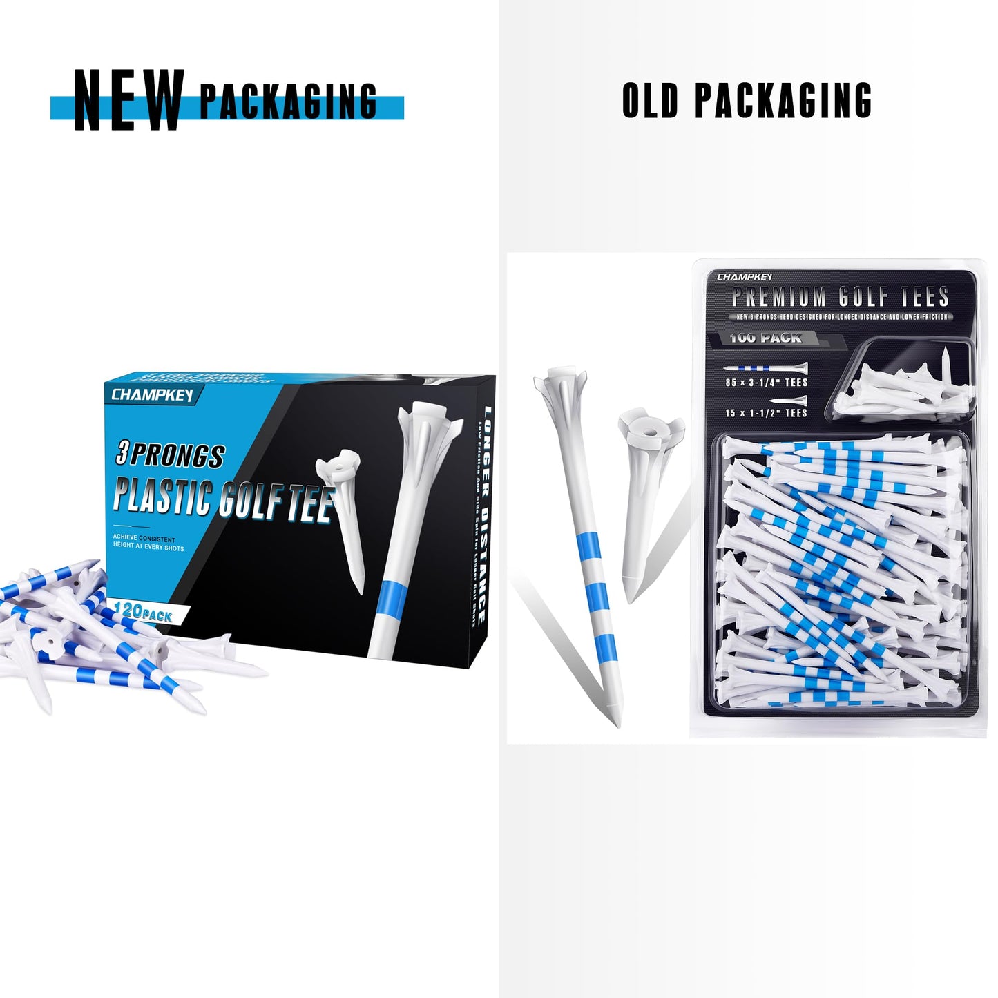 CHAHMPKEY Premium 3-Prong Plastic Golf Tees 3-1/4" 120 or 100 Pack- 40% Reduced Ball Contact with High Stability and Long Distance Performance Golf Tees Plastic(120 Assorted Pack - 3-1/4")