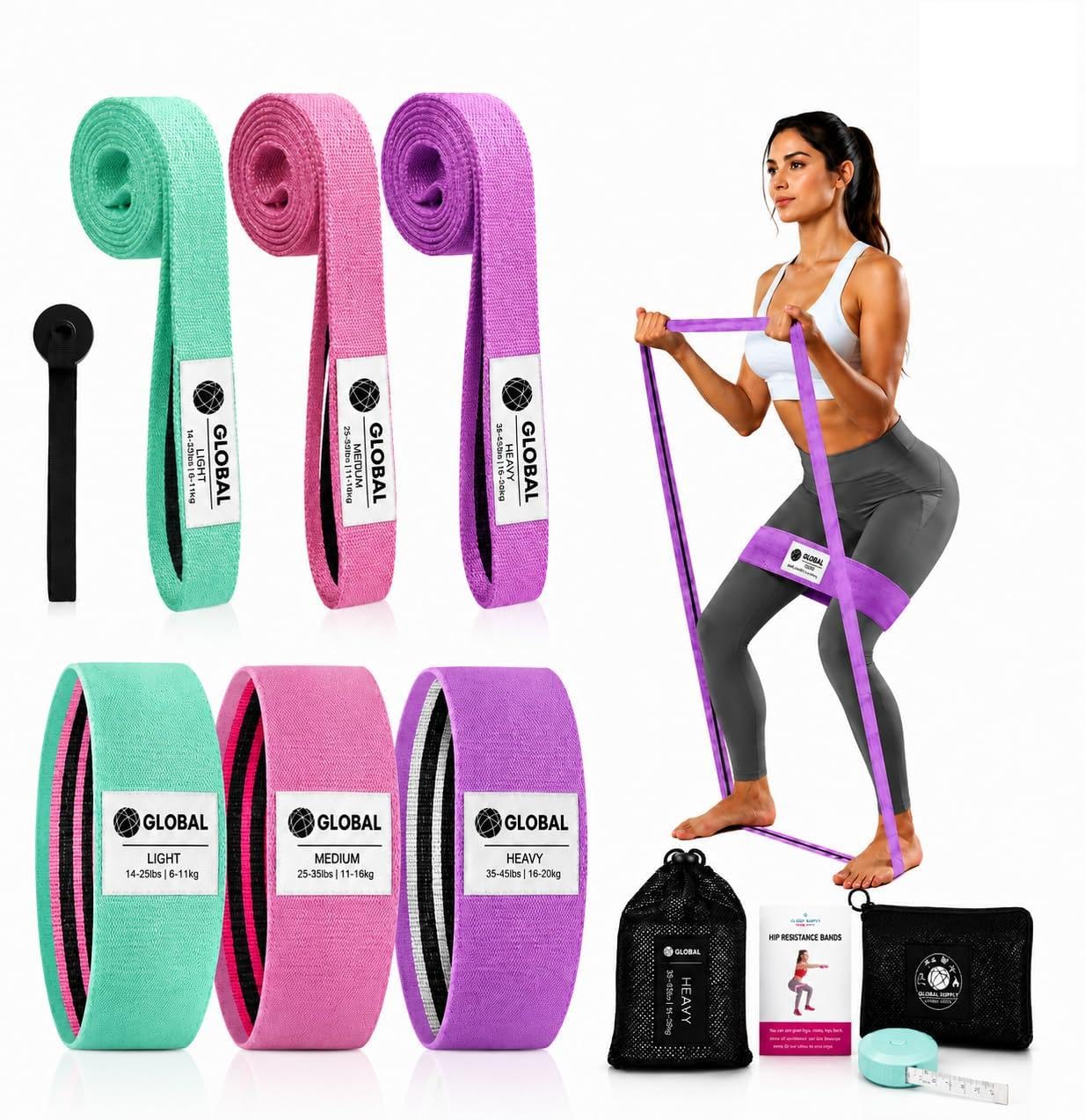 6 PCS Resistance Bands Set for Women – Fabric Booty & Long Exercise Bands with 2 Carry Bags, Door Anchor, Measuring Tape & Workout Guide for Full Body Workout