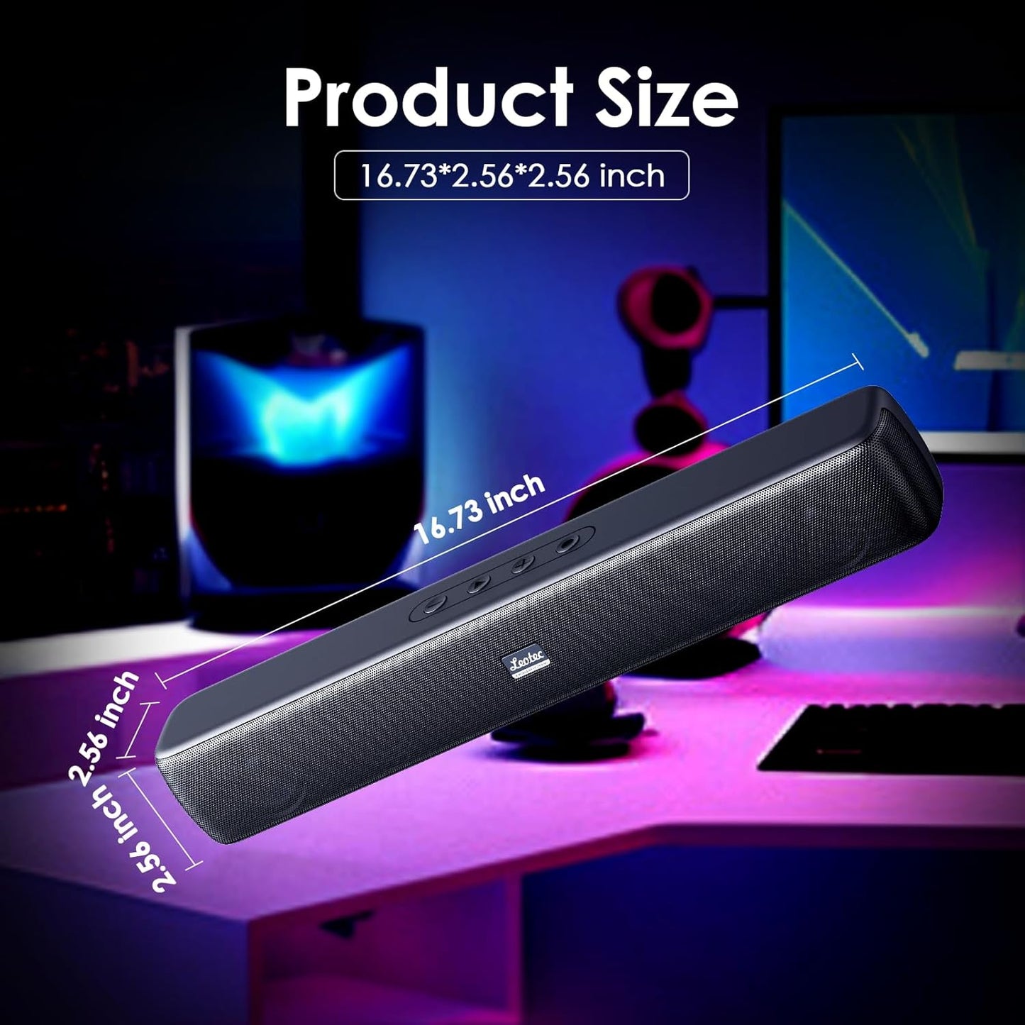 LEOTEC Computer Speakers with FM Radio,Stereo Sound,Portable Mini Sound Bar,Type-C Charging,AUX in,TF,USB for Computer