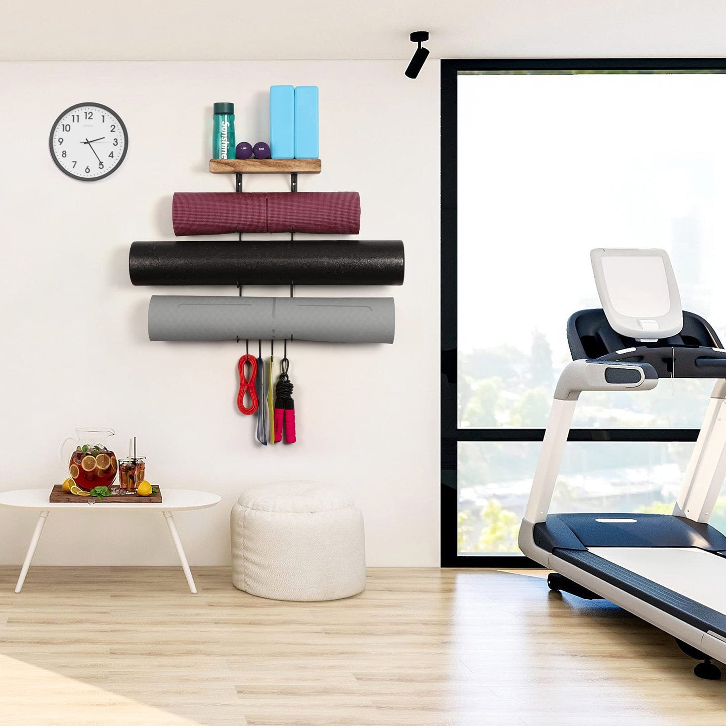 2 PACK Yoga Mat Holder Wall Mount Yoga Mat Storage Shelf Rack Home Gym Accessories with Wood Floating Shelves and 4 Hooks for Hanging Foam Roller and Resistance Bands Home Gym Carbonized Black