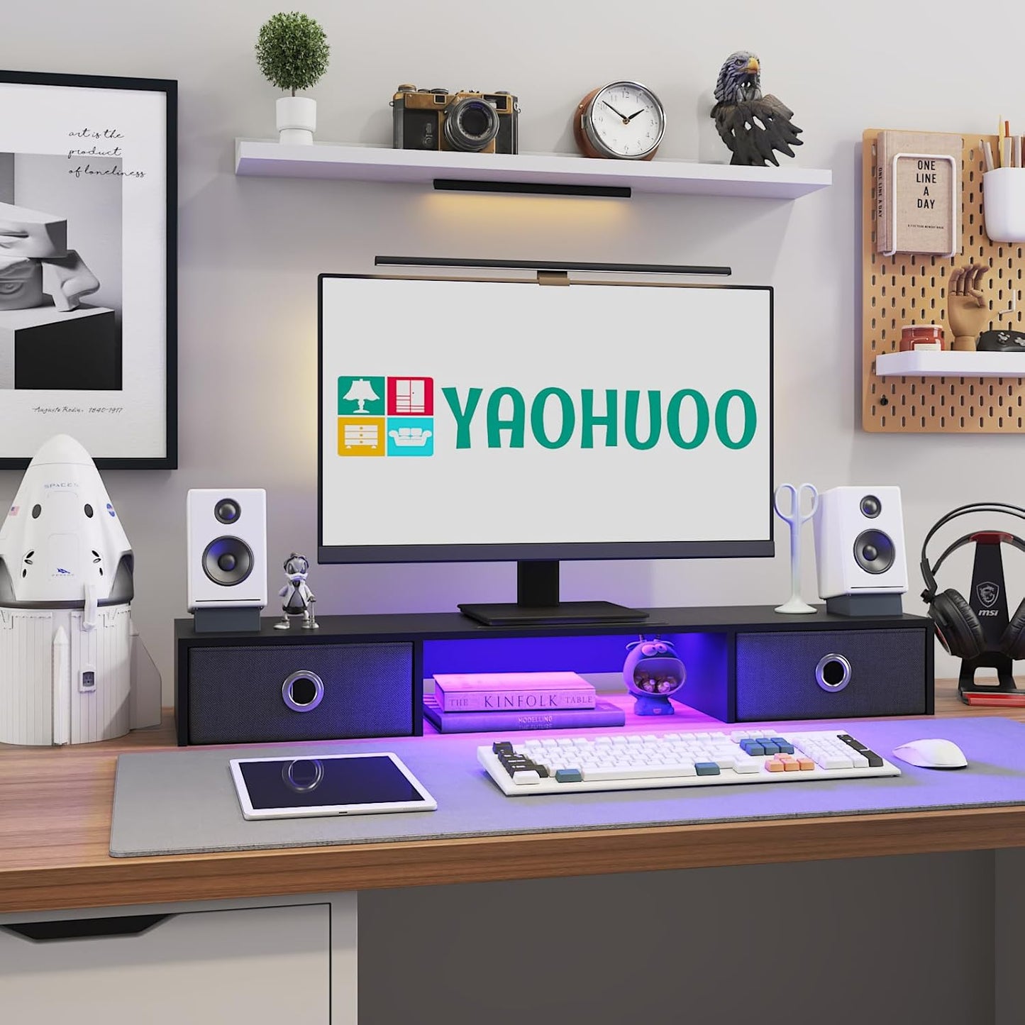 2 2 YAOHUOO Dual Monitor Stand with LED Light Drawers, Computer Monitor Riser for Monitors, Large Desktop Organzier