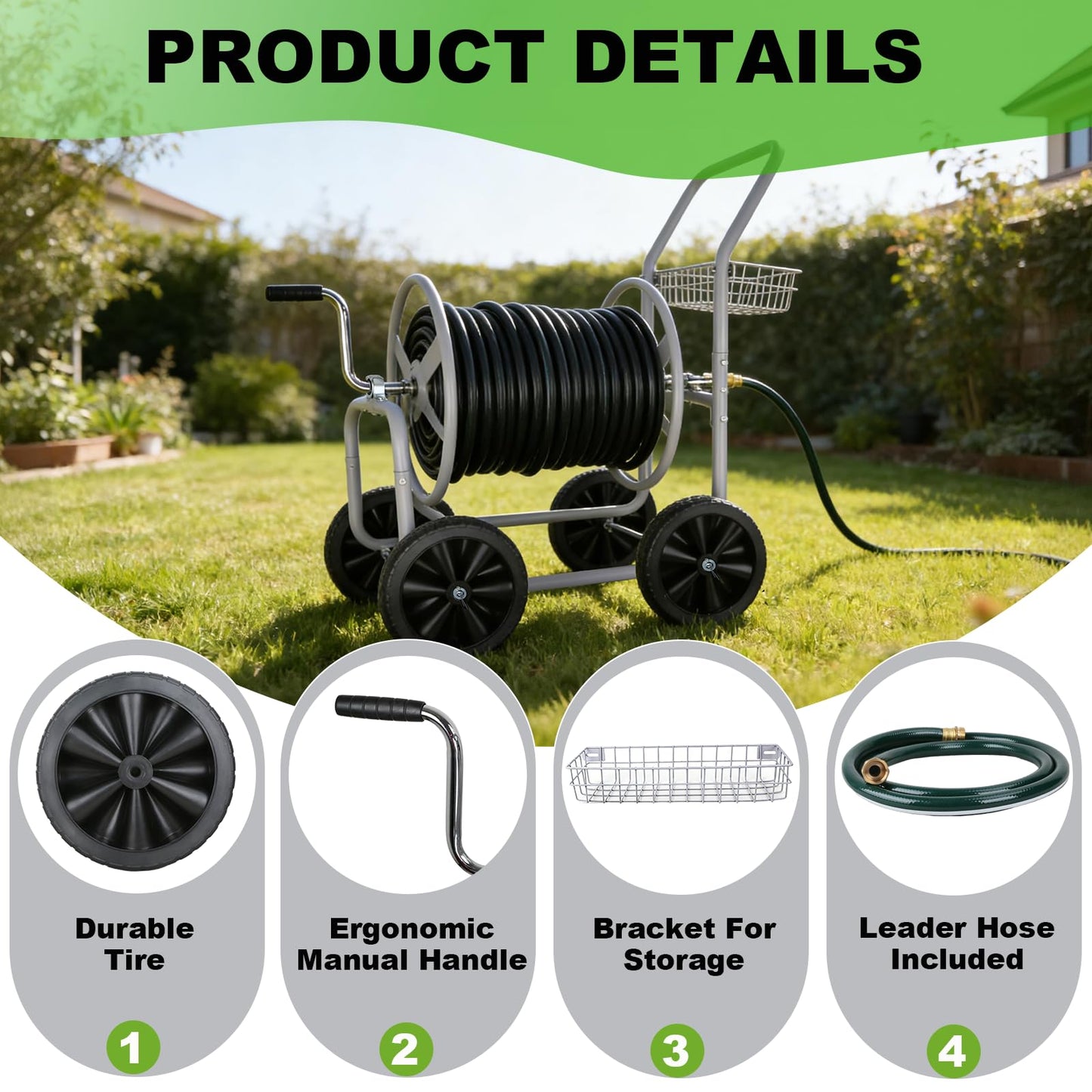 Hose Reel Cart, 300FT of 5/8’’ Hose, Heavy-Duty Water Hose Cart with 4 Wheels, Storage Basket, Portable Water Hose Organizer for Outside Yard, Outdoor Planting Tool (Sliver)