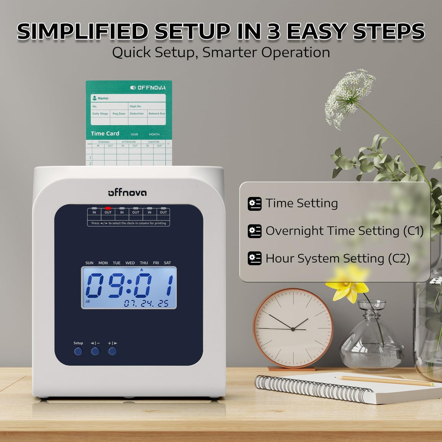 OFFNOVA Thermal Time Clock for Employees Small Business, No Ink Ribbons or Network Needed, in/Out Time Attendance Machine with 50 Time Cards, White