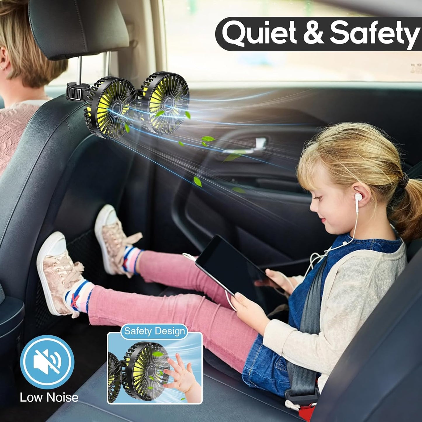 360 Dealswin Car Fan for Backseat kids, Dual Head USB Car Seat Fans, Rotatable Strong Wind Rear Headrest CarFan