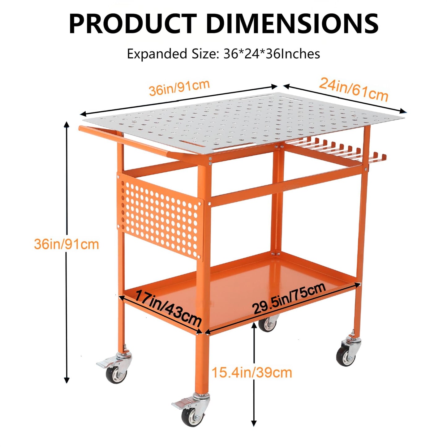 Welding Table, 36" x 24" Welding Workbench with 800LBS Steel Frame, Portable Welding Bench with 2 Brake Wheels & 4 Adjustable Feet, Side Hanging Board, 178 5/8" Fixture Holes for Garage Workshop
