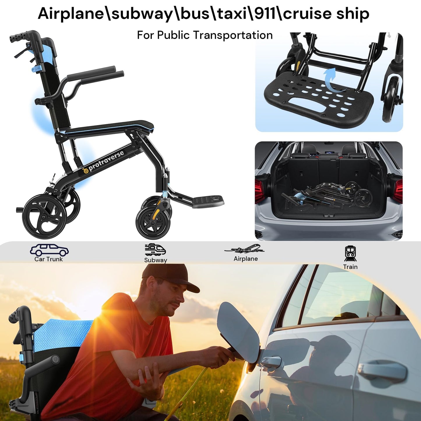 Wheelchairs for Adults,Utral-Lightweight(only 19.4lbs) Transport Chair, Foldable and PortableTravel Wheelchair with Telescopic Handle,Portable Folding Transfer Wheelchairs for Elderly,Blue