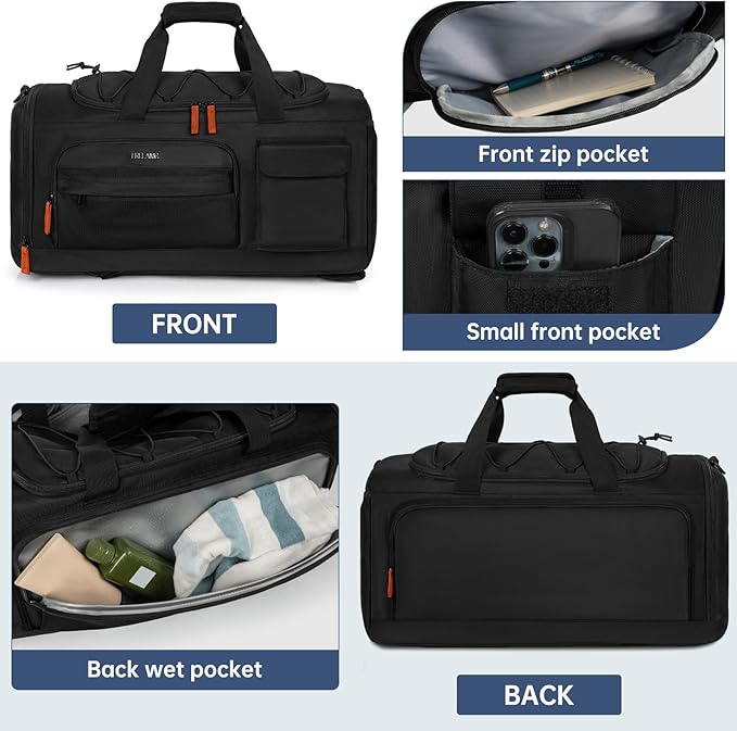 Gym Bag for Women & Men, Sports Travel Duffle Bag with Shoe Compartment, Anti-Theft Carry On Weekender Bag, Water Resistant Overnight Backpack for Airplane, Gym, Travel (Black)