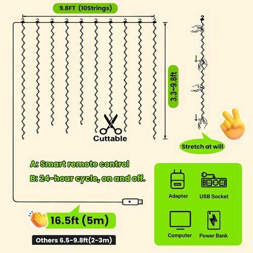 HXWEIYE 300LED Fairy Curtain Lights - 9.8x9.8Ft USB Plug-In with Remote | 8 Modes for Wedding & Bedroom Decor, Green