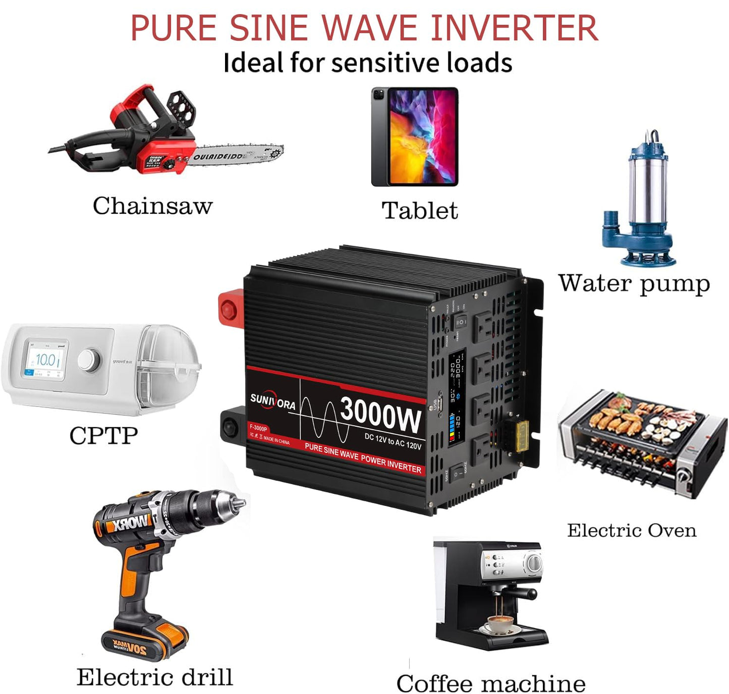 3000 Watt Pure Sine Wave Power Inverter, 12V DC to 110V/120V AC Converter 6000W Peak, with Remote Control LCD, 4 AC Outlets & USB Port & Hardwire Terminal, for Car Truck RV Camping Solar System EPS