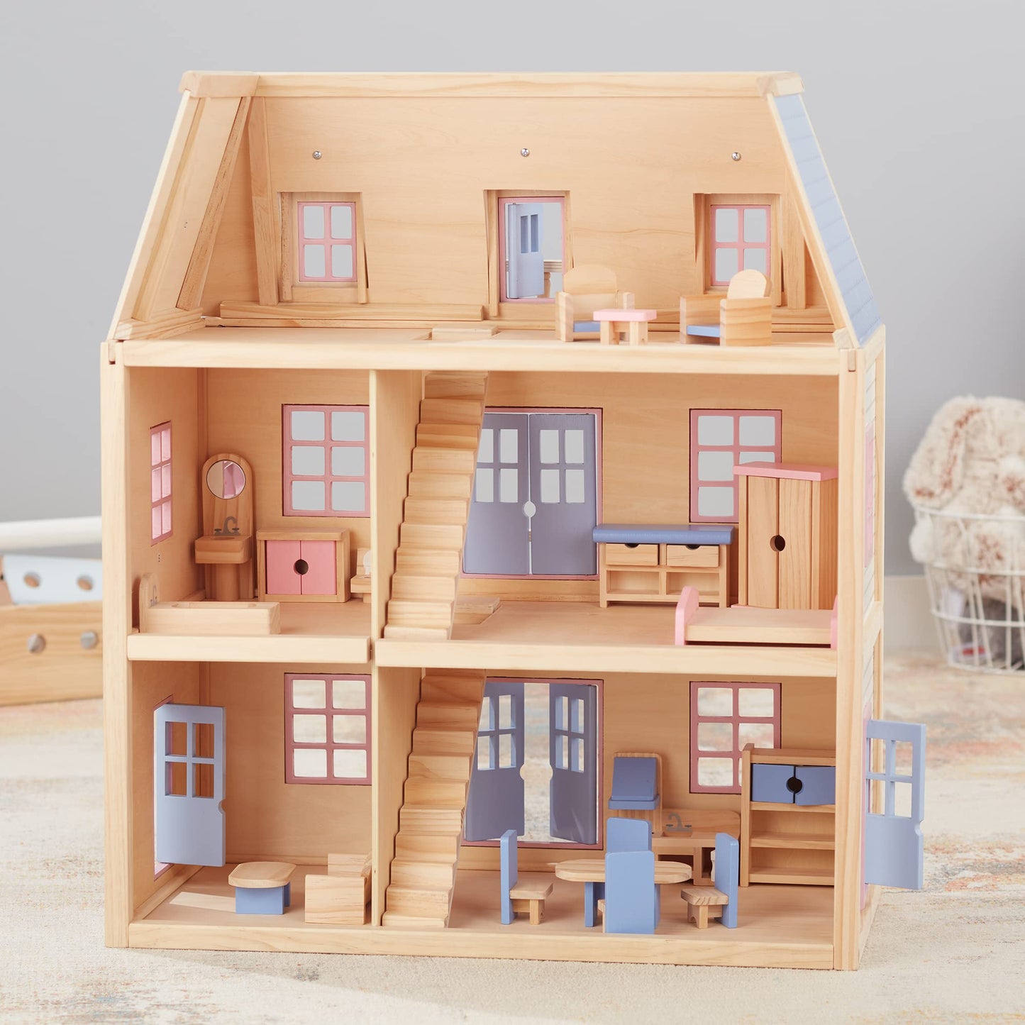 Melissa & Doug Wooden Multi-Level Dollhouse Wooden Multi-Story Pretend Play Dollhouse for Kids