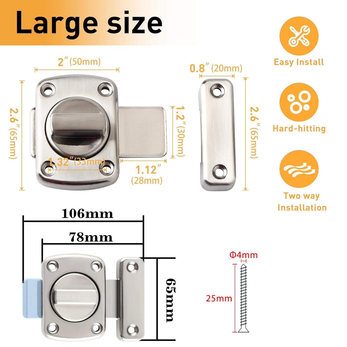 Alise Gate Latch Slide Bolt Latches Lock,Large Size Safety Double Sided Rotate Gate Hardware,SUS304 Stainless Steel Gate Latch for Storage Box, Cabinet,Shed Door,Brushed Finish,78mmx65mm MS250U-LS