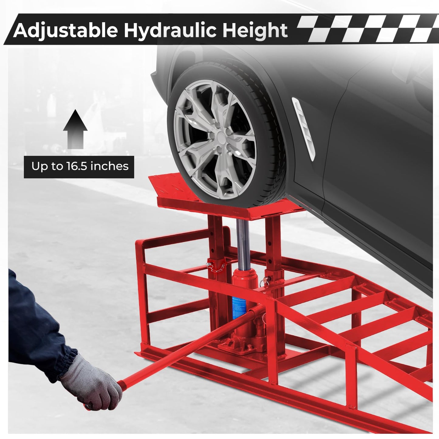 Rovibek Hydraulic Car Ramps 2 Pack, 11000LBS 5THeavy Duty Steel Car Ramps, Automotive Truck Service Ramp High Lift 11.6"-16.5" for Oil Changes Maintenance, Red