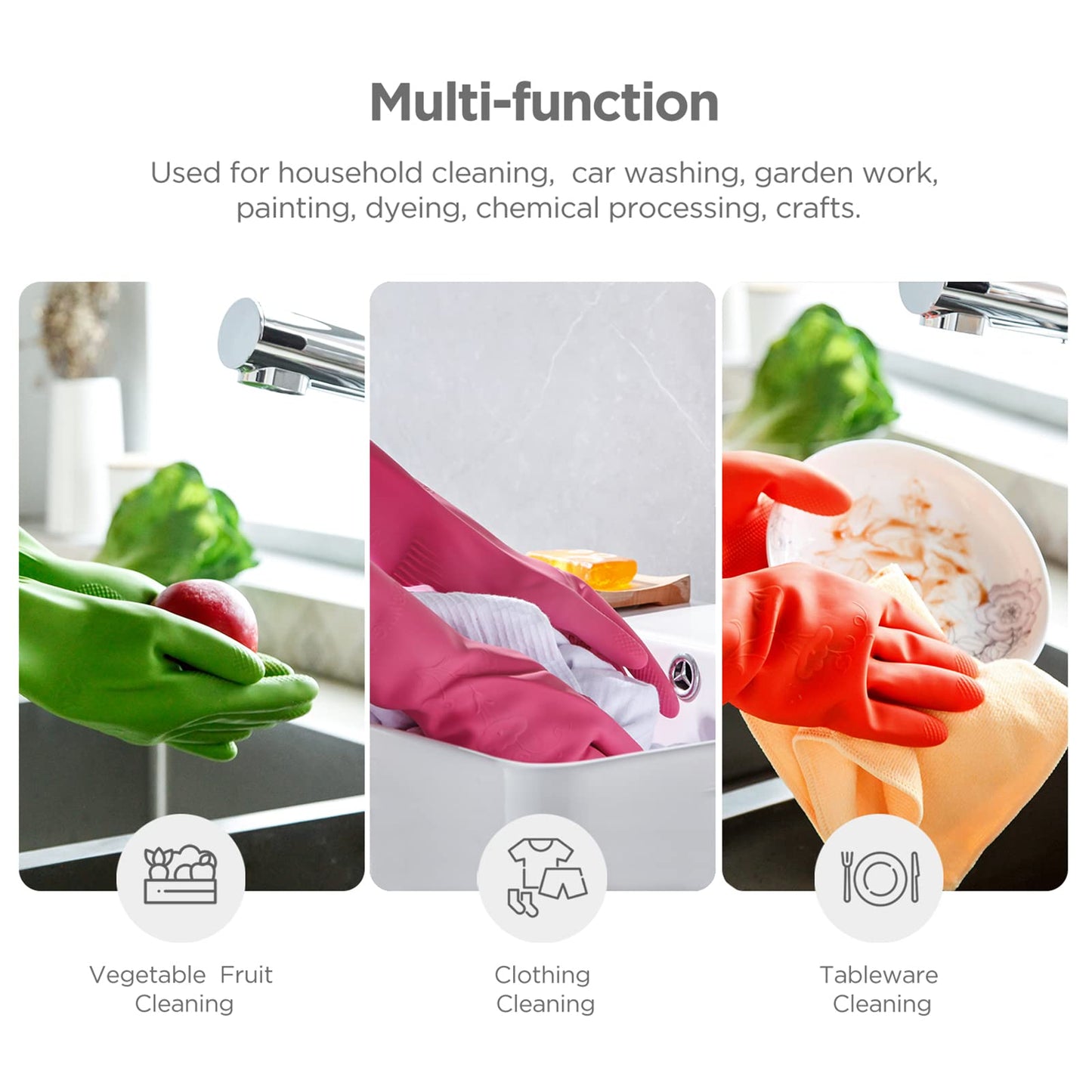 IUCGE Rubber dishwashing gloves 3 Pairs for kitchen,Cleaning washing dish gloves long for household reuseable durable.(Large,Multicolor)