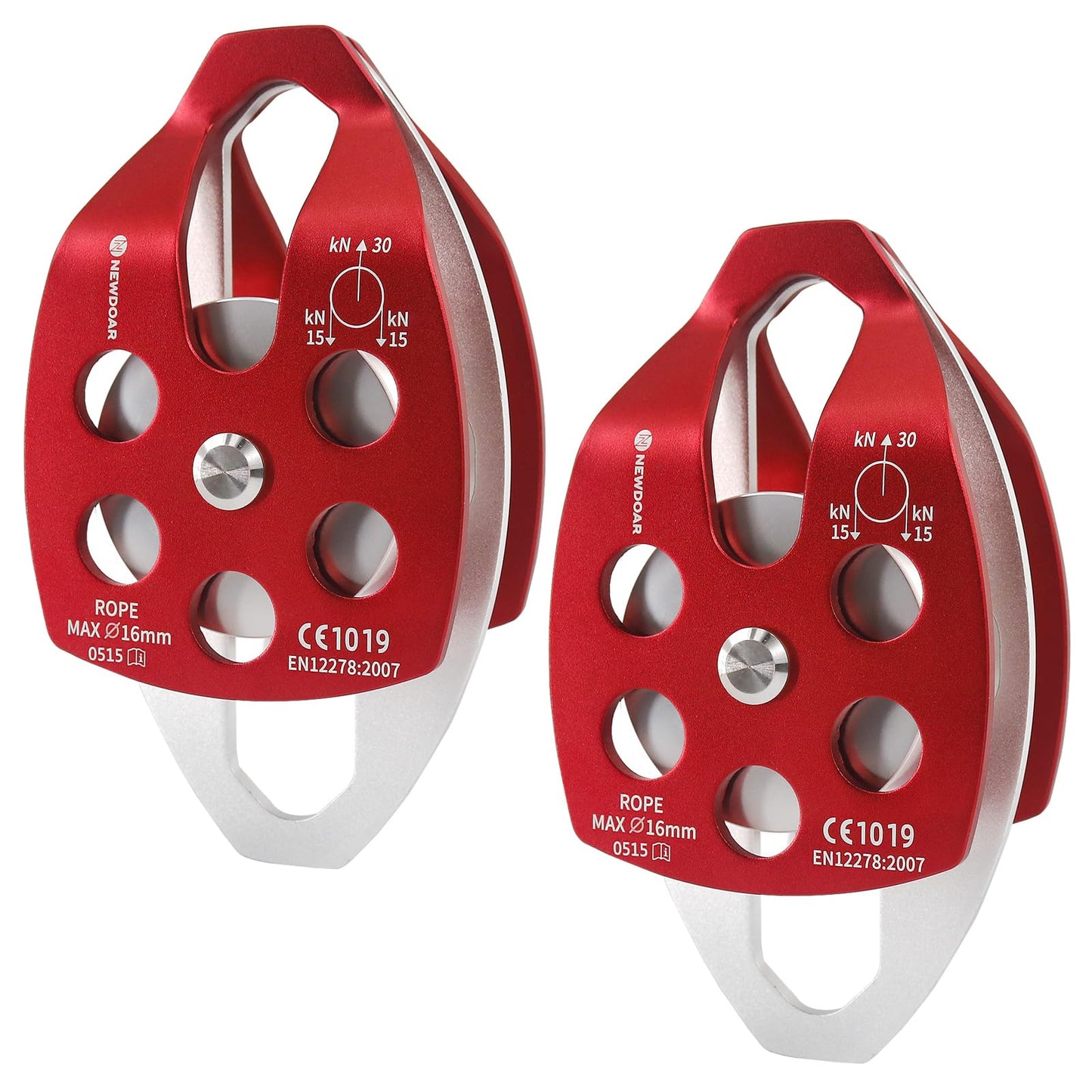 NewDoar 30 KN CE Certified Large Rescue Pulley Double Sheave with Swing Plate for Outdoor Mountaineering Rock Climbing Rescue(Red 2pcs)