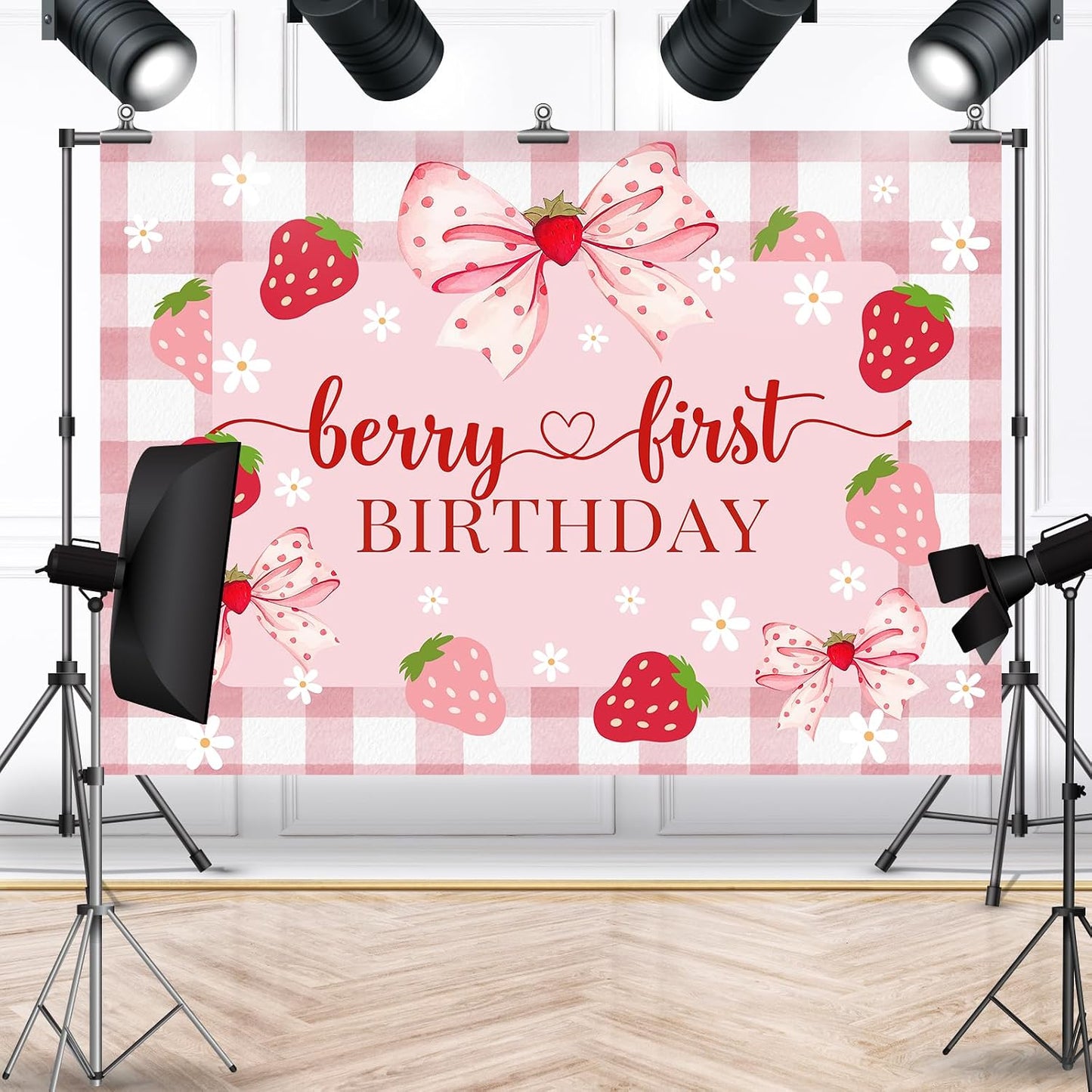 1st 7x5ft Berry First Birthday Backdrop for Girl Pink Bowknot Strawberry Photography Background Sweet One Birthday
