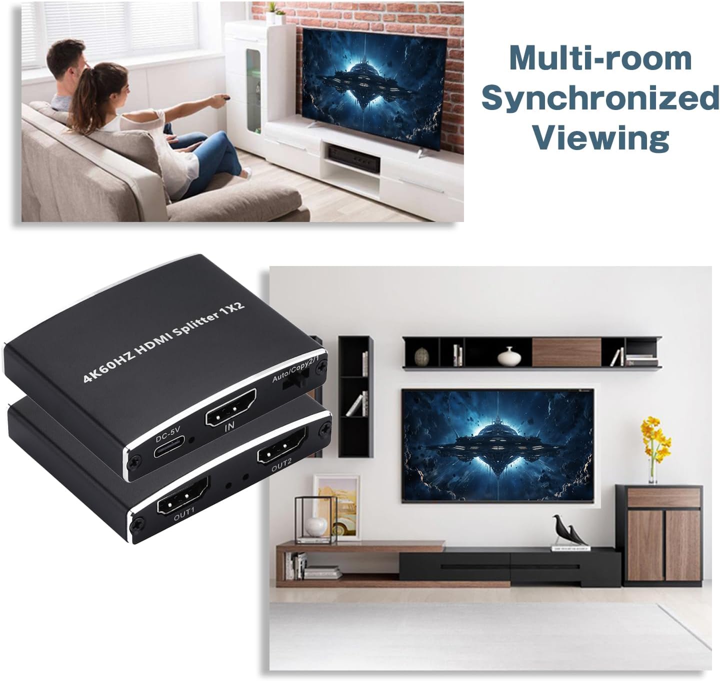 Wonlyus 2026 4K@60Hz 2.0b 1 2 4K 18Gbps HDCP2.2 3D Dolby PS5, Upgraded HDMI Splitter in Out, HDMI Splitter Duplicate