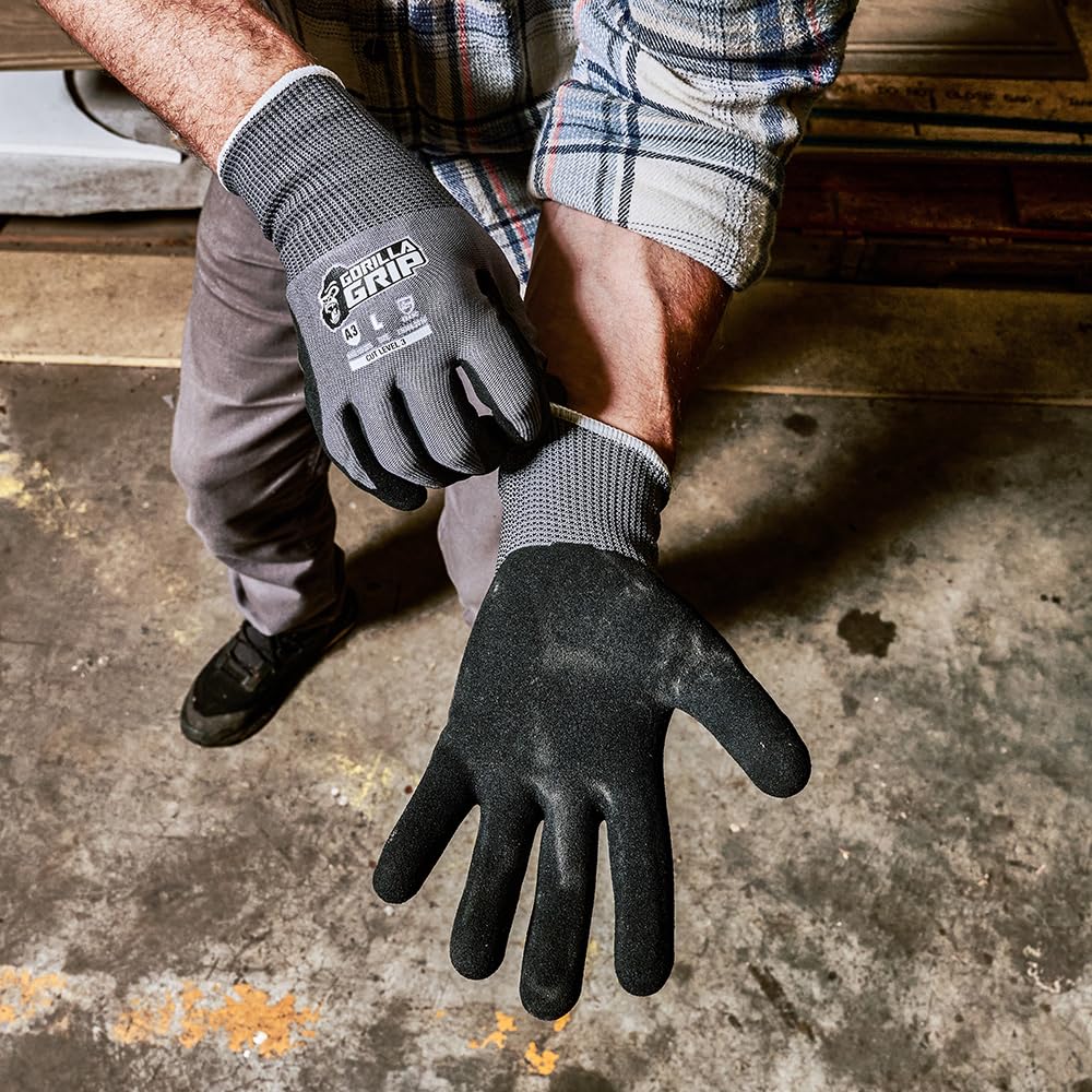 Gorilla Grip A3 Cut Resistant Work Gloves, Touschreen Compatible Safety Gloves, Breathable, Nitrile Coated, Grey - Medium (12 Pack)