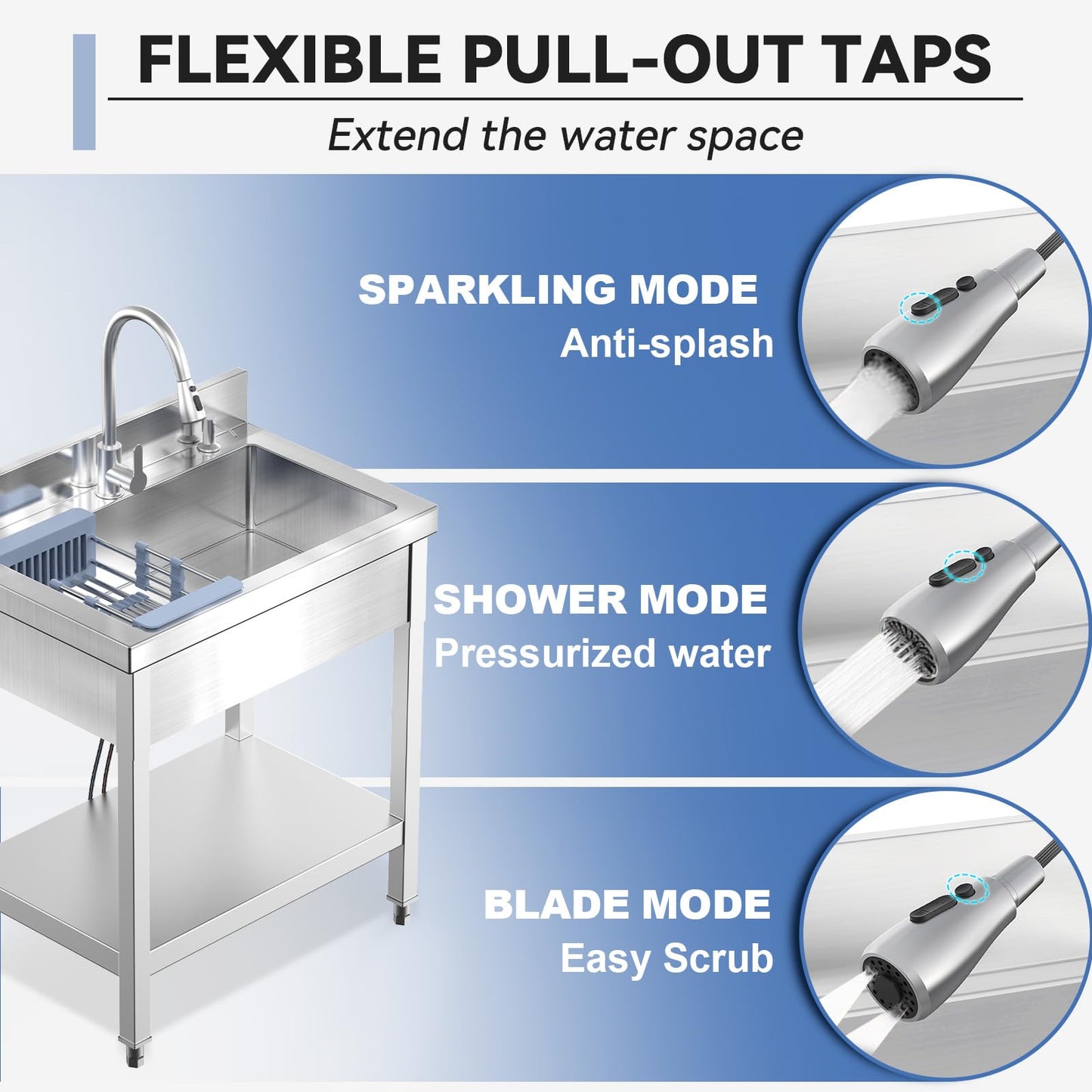 Stainless Steel Utility Sink, 28"Freestanding Sink with Retractable Cold and Hot Water Faucet,Hoses and Drain Kit for Kitchens, Bathrooms, Garage, Laundry Room,Pet Cleaning