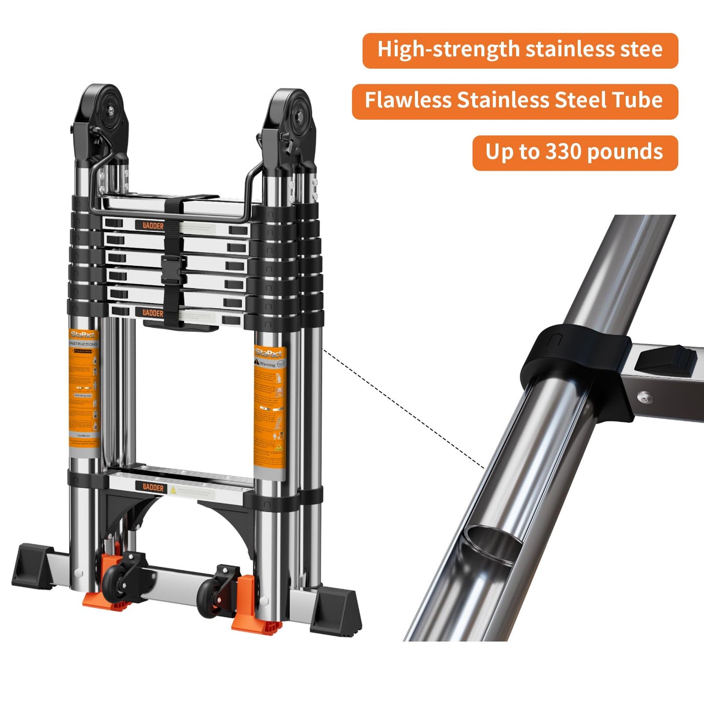 Telescoping Ladder A Frame,Telescopic Ladder for Home, Roof, RV，12.5 Ft Stainless Steel Extension Ladder with Balance Bar,Wheels and 2 Triangle Stabilizers，330 lb Capacity (12.5FT-A Frame)