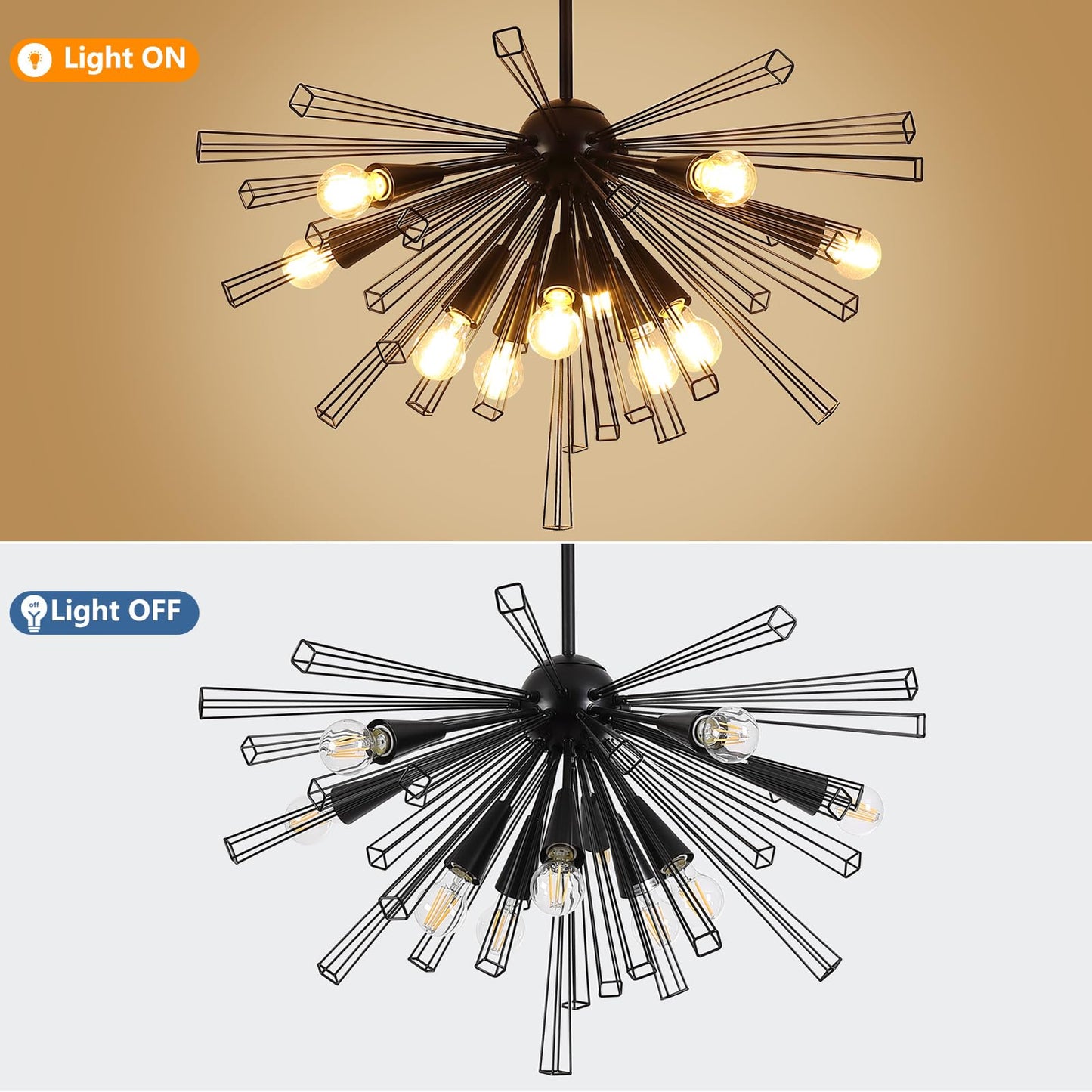 9MMML Black 10-Light Sputnik Chandelier, Farmhouse Pendant Light Fixture with 48'' Height Adjustable Hanging Pole, 34'' Large Chandelier for Living Room, Dining Room, Kitchen, Bedroom, E26 Base