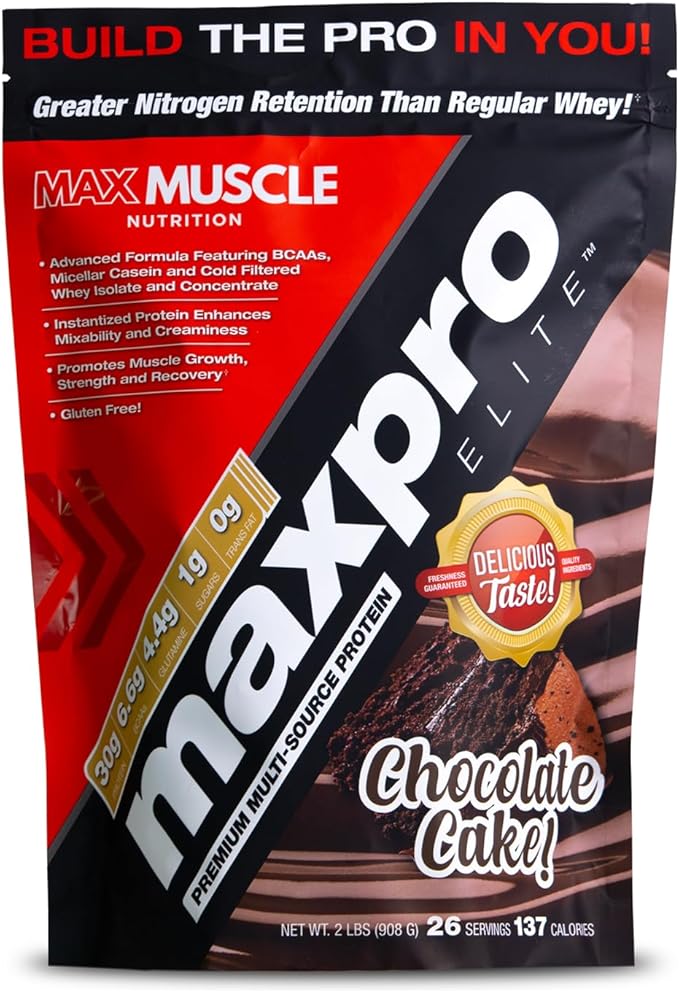 Max Muscle Maxpro Elite Whey Protein Powder | 30g Protein | 0g Sugar | 6.6g BCAAs | Micellar Casein Cold Filtered Whey Isolate Protein | Promotes Muscle Growth & Recovery (Chocolate Cake, 4lb)