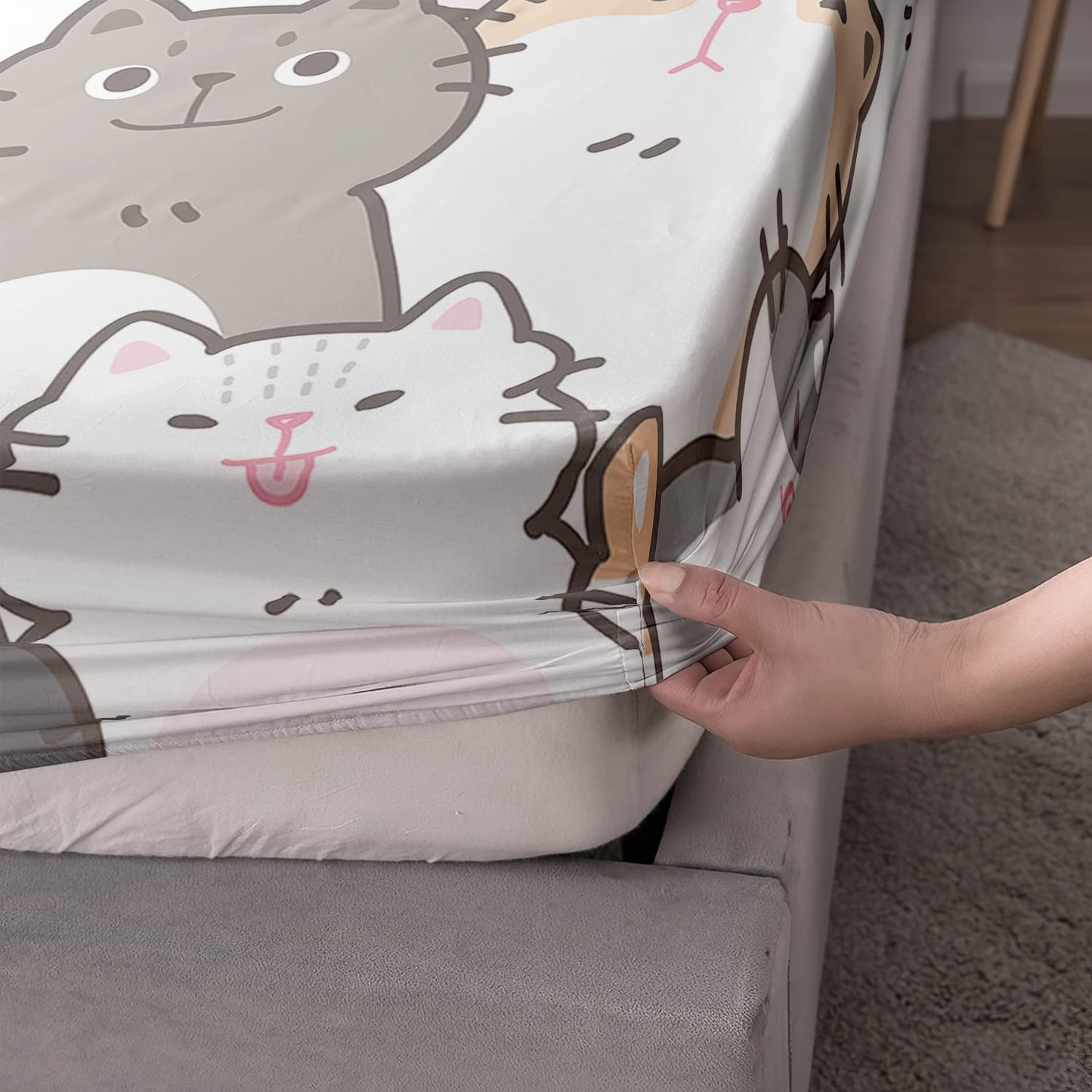 CVHOUSE Cat Fitted Sheet Queen Size,Cartoon Cat Bed Sheet Set for Kids Teens,Kawaii Bedding Set,1 Flat Sheet & 1 Fitted Sheet with 2 Pillow Cases - 4 Piece