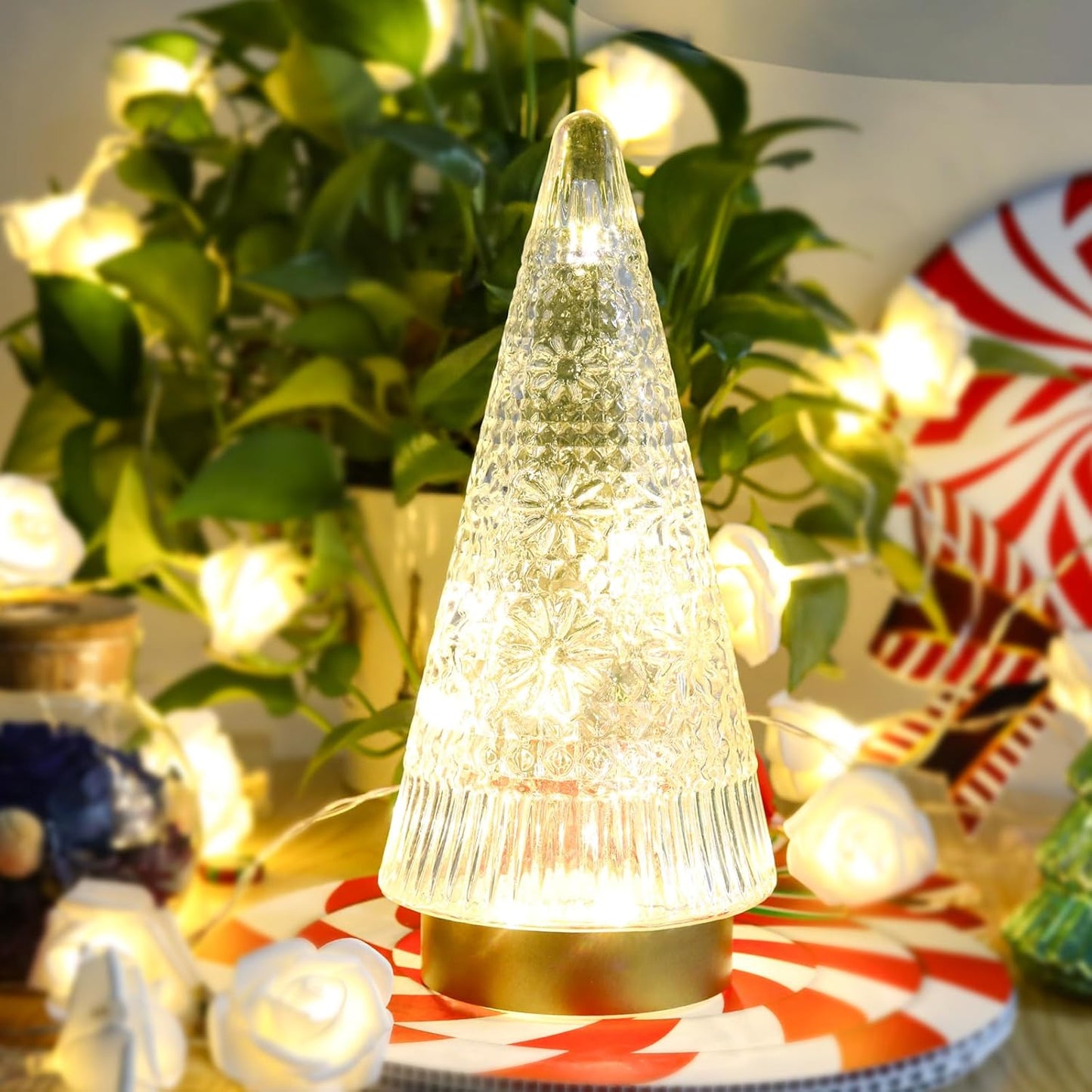 Regine Switzerland Glass Christmas Tree - Small Gold Sparkling LED Light Decoration for Tabletop & Mantel