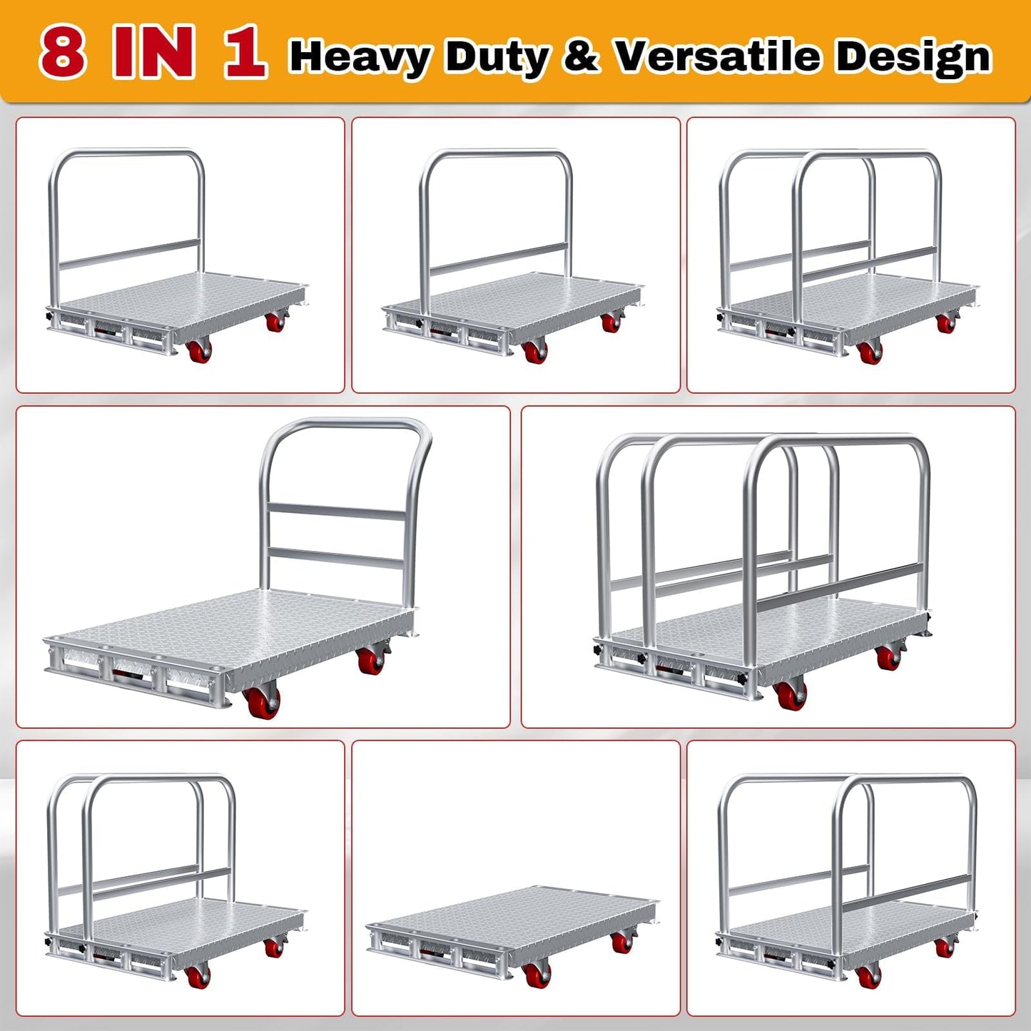 2IN1 Steel Panel Cart Dolly – Large Heavy Duty Drywall Lumber Truck Cart with 2700 LBS Capacity, 40 x 24 Inch 2.2MM Steel Plate, 6.3" Swivel Brake Wheels, 1 Front & 3 Side Handrails