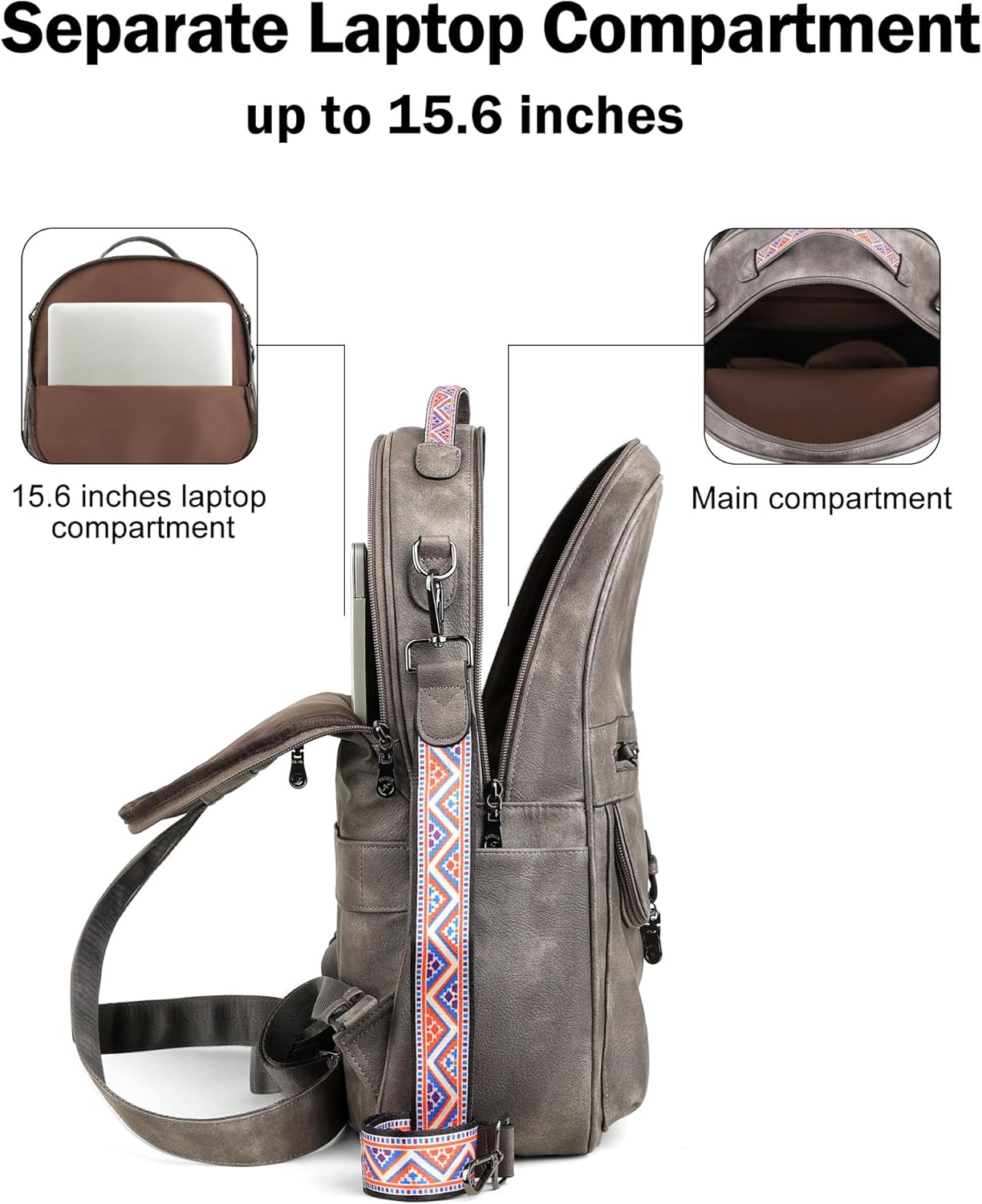Backpack Backpack FADEON Leather Laptop Purse for Women, Designer Travel PU with Laptop Compartment for Work Grey