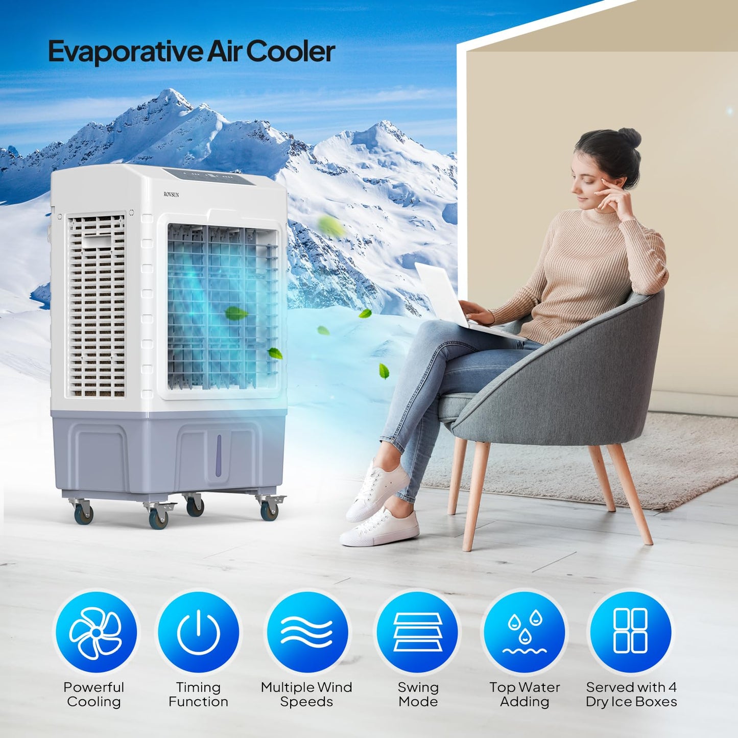 ROVSUN 10.5Gal Portable Swamp Cooler, 2600CFM Evaporative Air Cooler with Auto Oscillating, Remote, 3 Speeds, 7.5H Timer & 4 Ice Packs, 3-IN-1 Humidifying Cooling Fan Indooor Outdoor Patio Garage