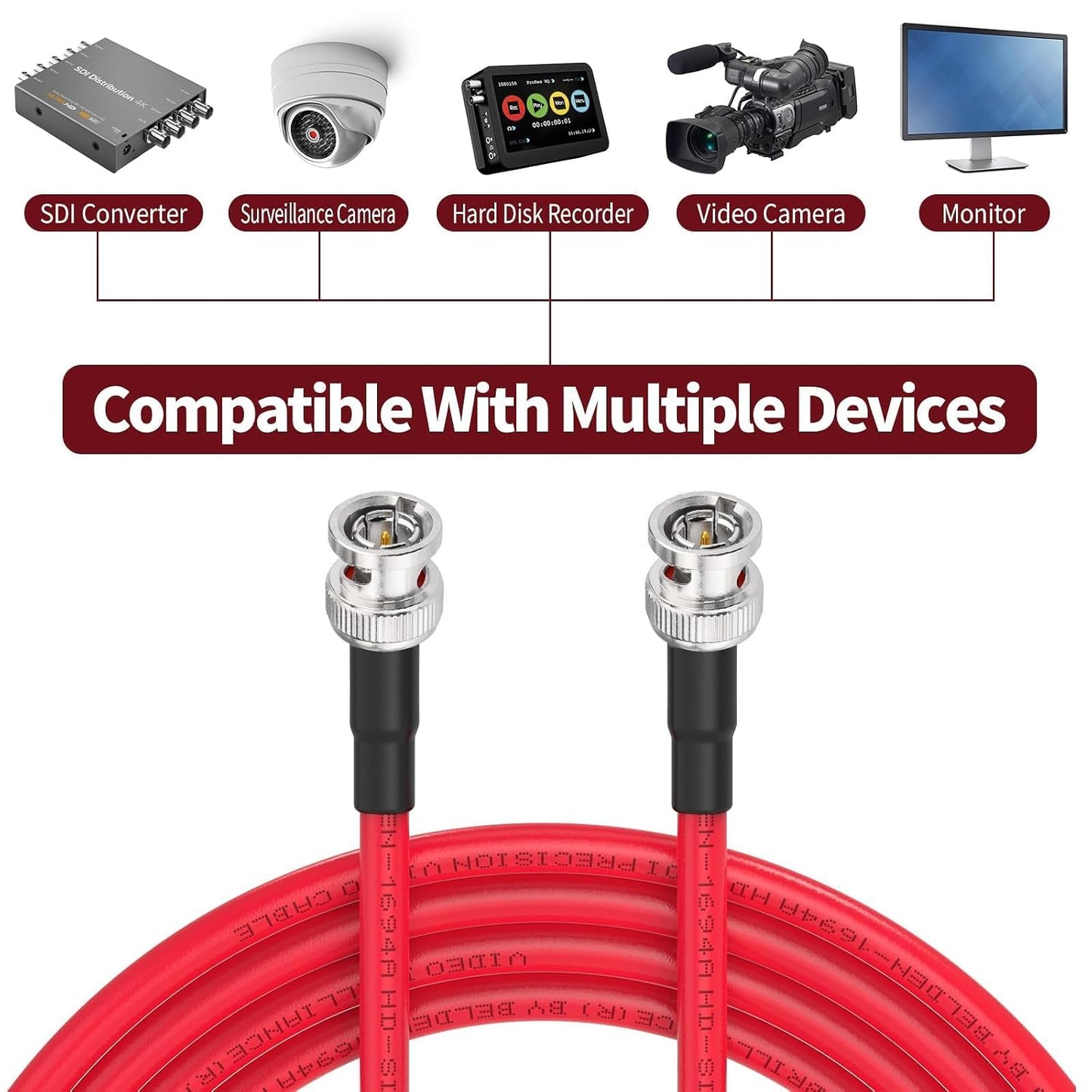 3G/6G/12G 10ft 75 1694A HD-SDI/3G-SDI/6G-SDI/4K 1-Pack Superbat SDI Cable BNC Video Cable Ohm Belden Red Support Video