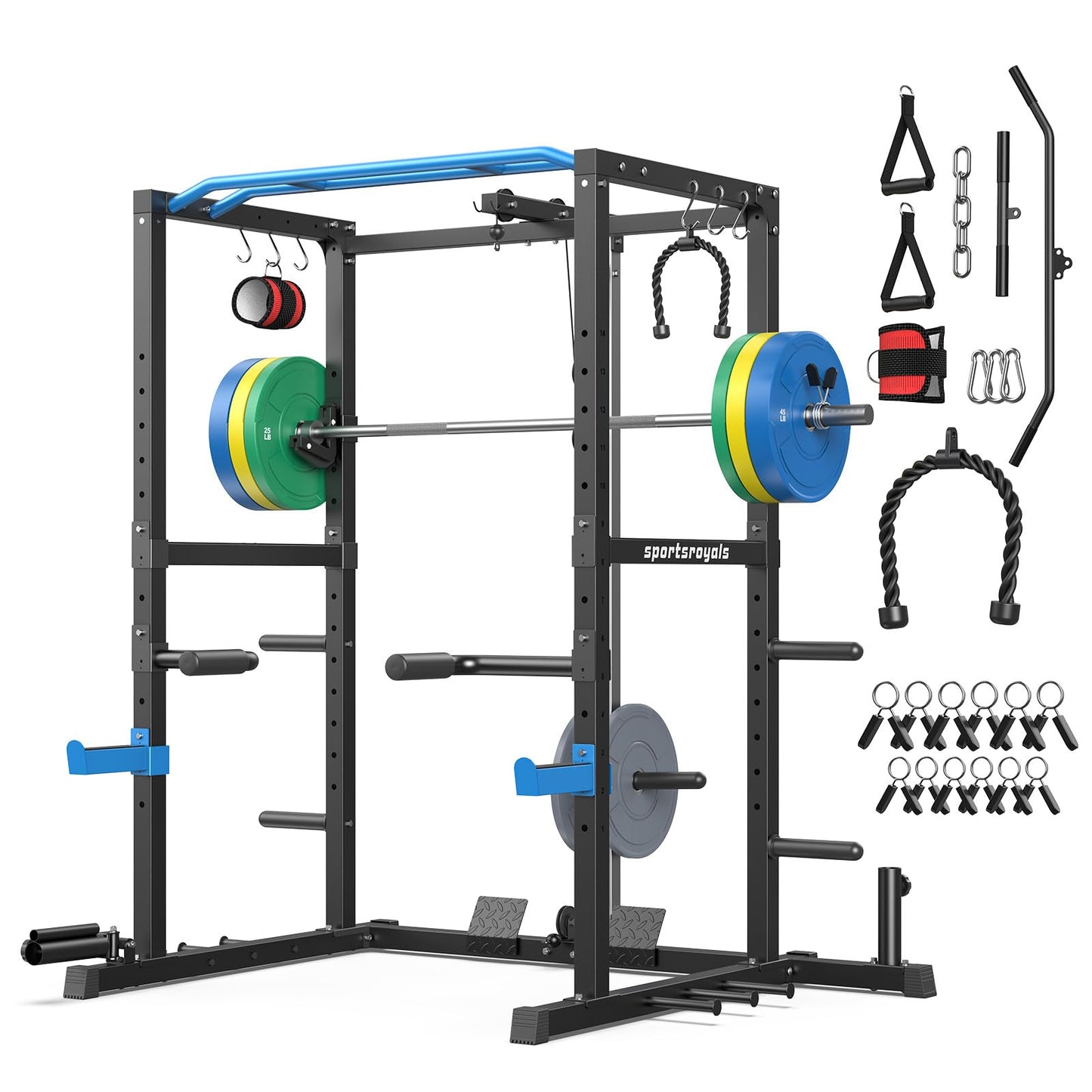 Sportsroyals Squat Rack, LAT Power Cage, Power Rack Multi-Function with Pulley System and Training Attachments for Home Gym