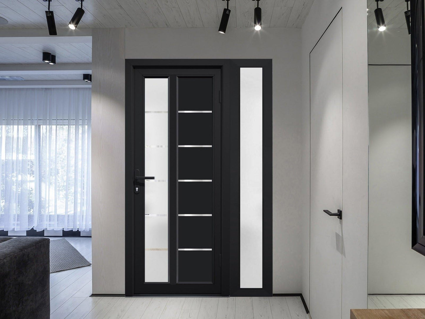 VDOMDOORS Front Exterior Prehung Fiberglass Door Frosted Glass/Manux 8088 Matte Black/Side Exterior Window/Entrance Patio Garage-W30+12" x H80-Left-hand Inswing