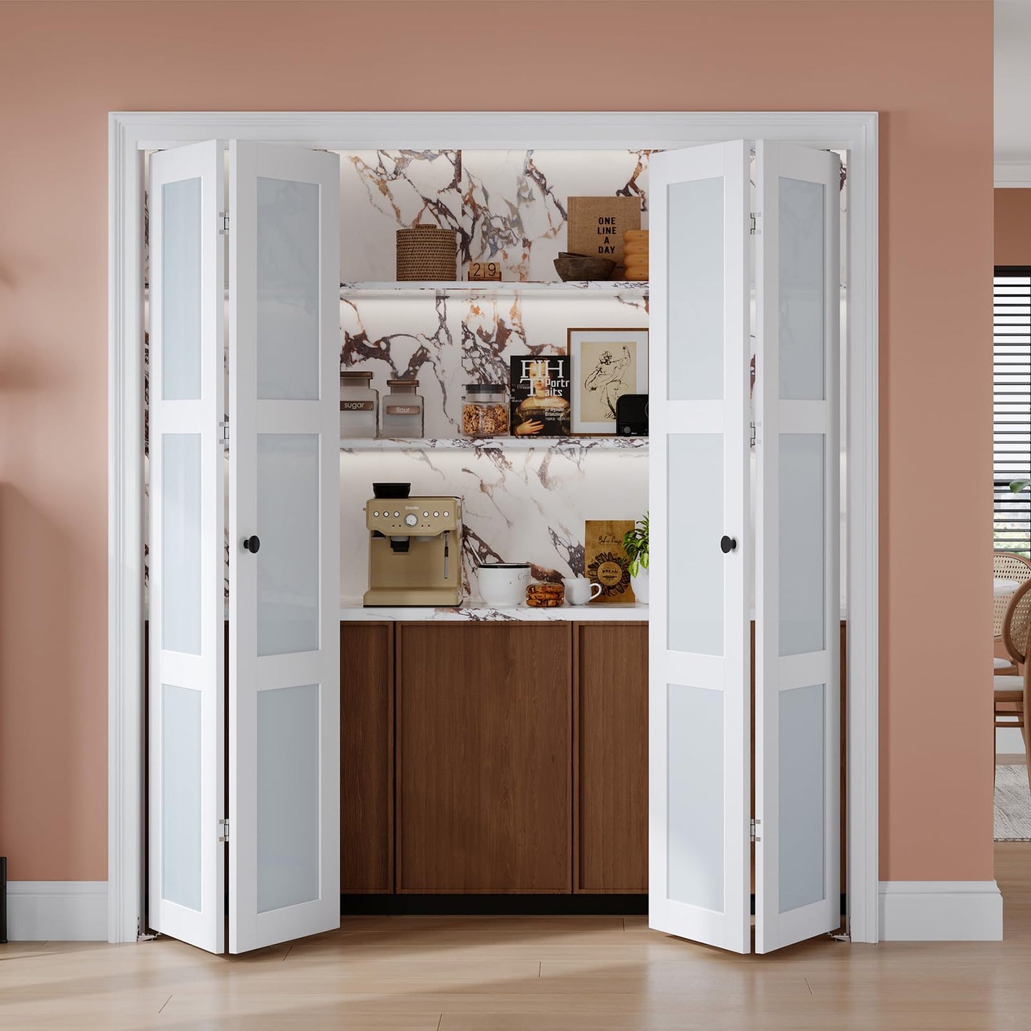 EaseLife Preassembled Bi-Fold Doors, for 60"x 80" Opening,Tempered Frosted Glass Closet Folding Barn Door with Concealed Hardware Kit,MDF Wood Panel,Water-Proof PVC Surface,Easy Installation