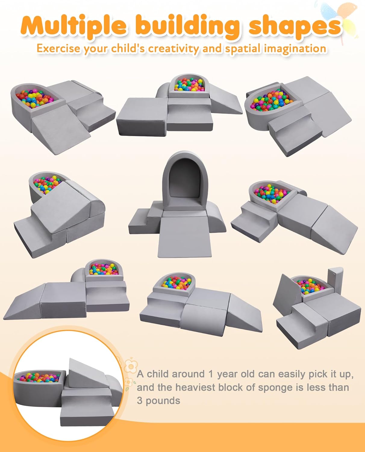 Skiennix Baby Climbing Blocks - Soft Play Set for Crawling Infants 6-12 Months | Anti-Slip Foam Gym (Grey)