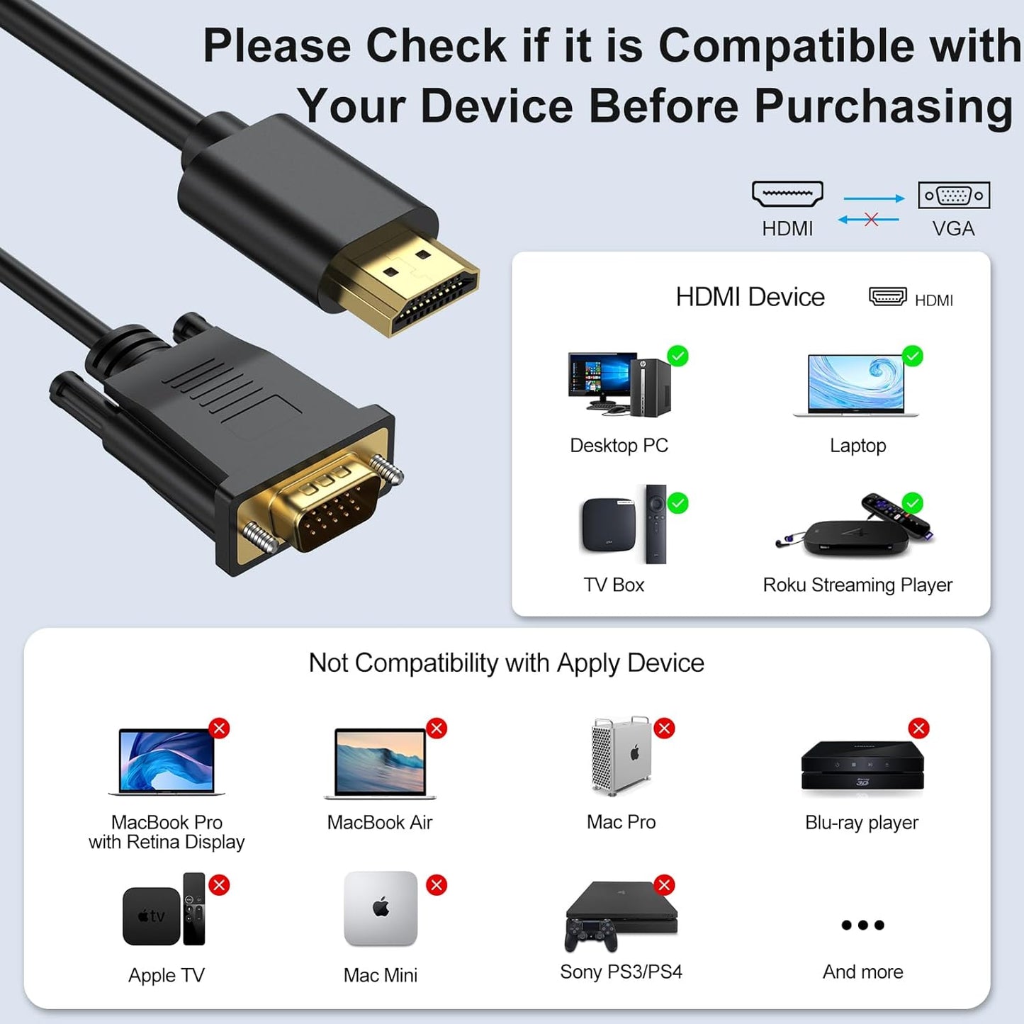 URELEGAN 6 1080P@60Hz HDMI to VGA Cable Feet, Uni-Directional Computer HDMI to VGA Monitor Cable HD Video Cord