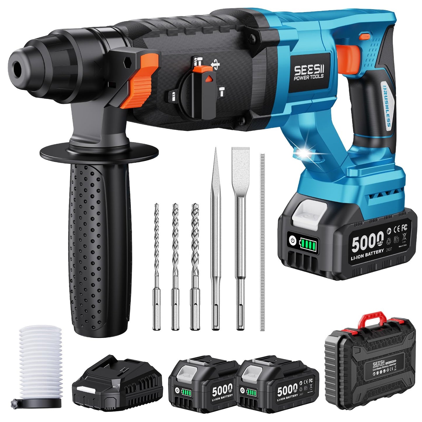 Seesii 1" Cordless SDS-Plus Rotary Hammer Drill with 2x5.0Ah Batteries, 3.2J Impact Energy Brushless Motor, 4-Mode with Kickback protection, Chisels, Drill Bits for Concrete Drilling & Home Renovation