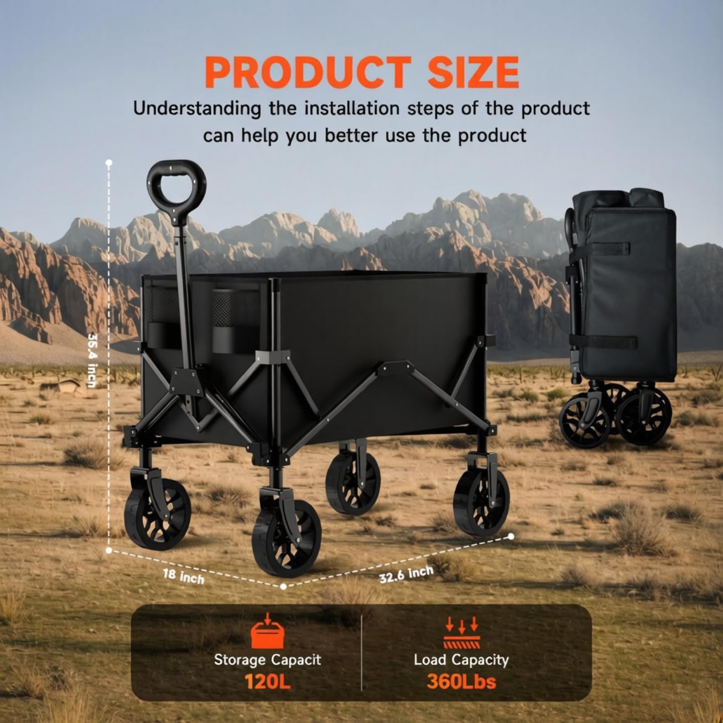 Quindom Collapsible Folding Wagon, Wagon Cart Heavy Duty Foldable with Two Drink Holders, Utility Grocery Wagon for Camping Shopping Sports