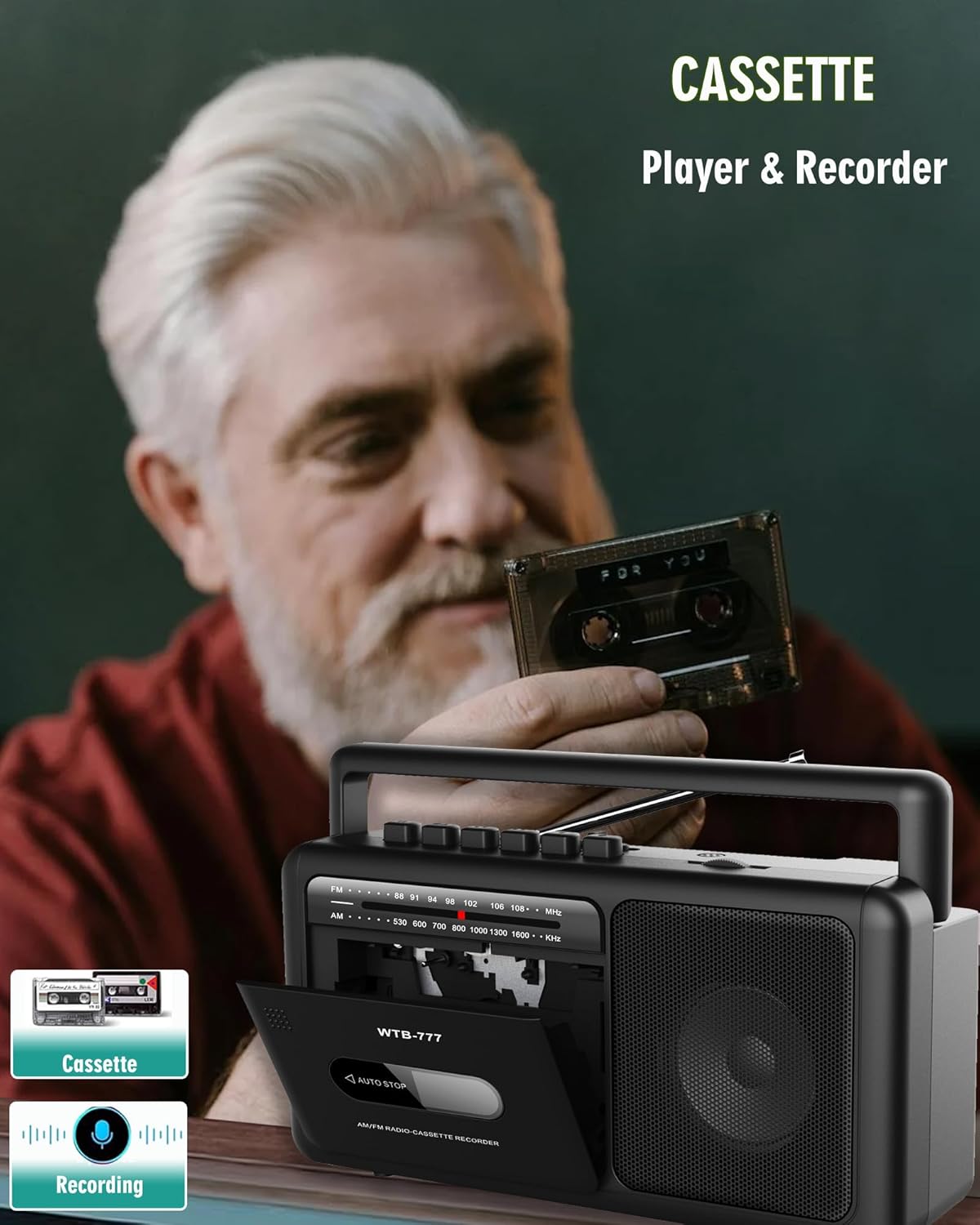 WIITHINK WTB-777 Cassette Cassette Portable Player Boombox, AM/FM Radio Stereo with Bluetooth, USB, Recorder, Earphone